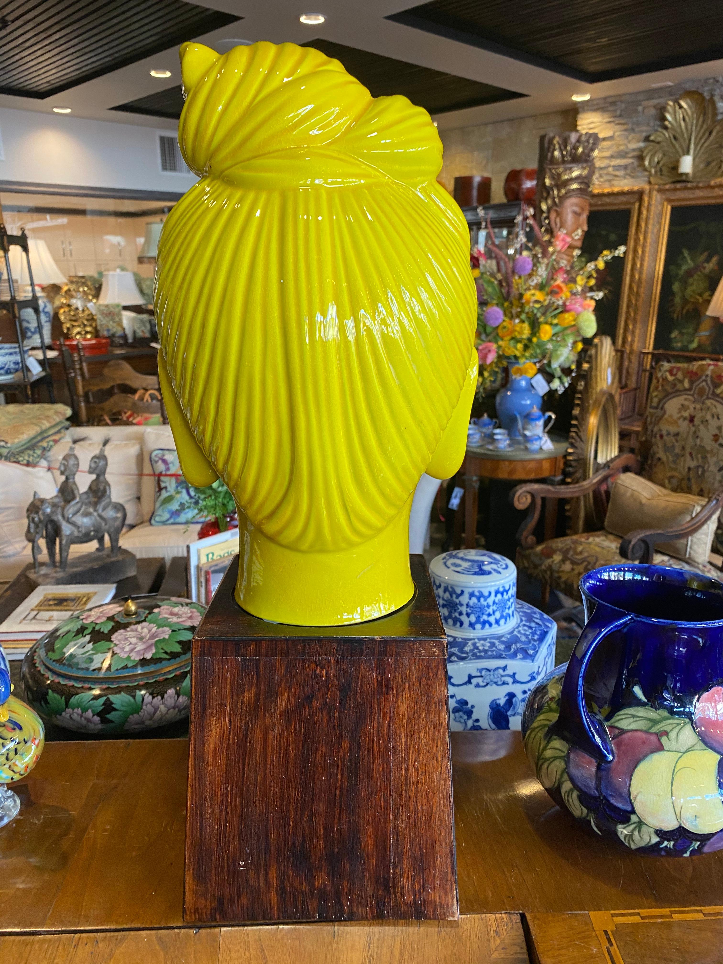 Chinese Export Chinese Ceramic 1950s Yellow Guan Yin Head on Stand For Sale