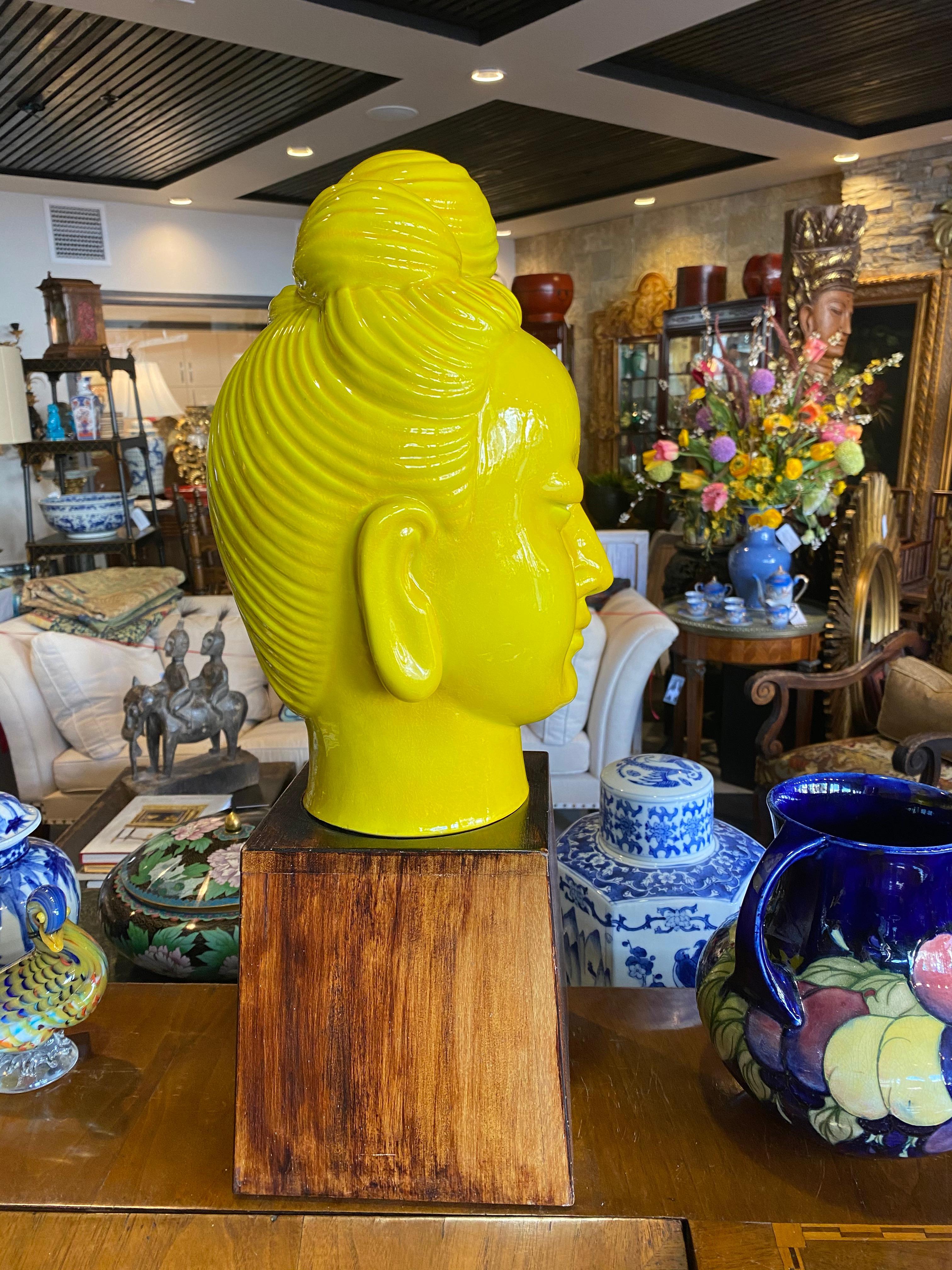 Molded Chinese Ceramic 1950s Yellow Guan Yin Head on Stand For Sale
