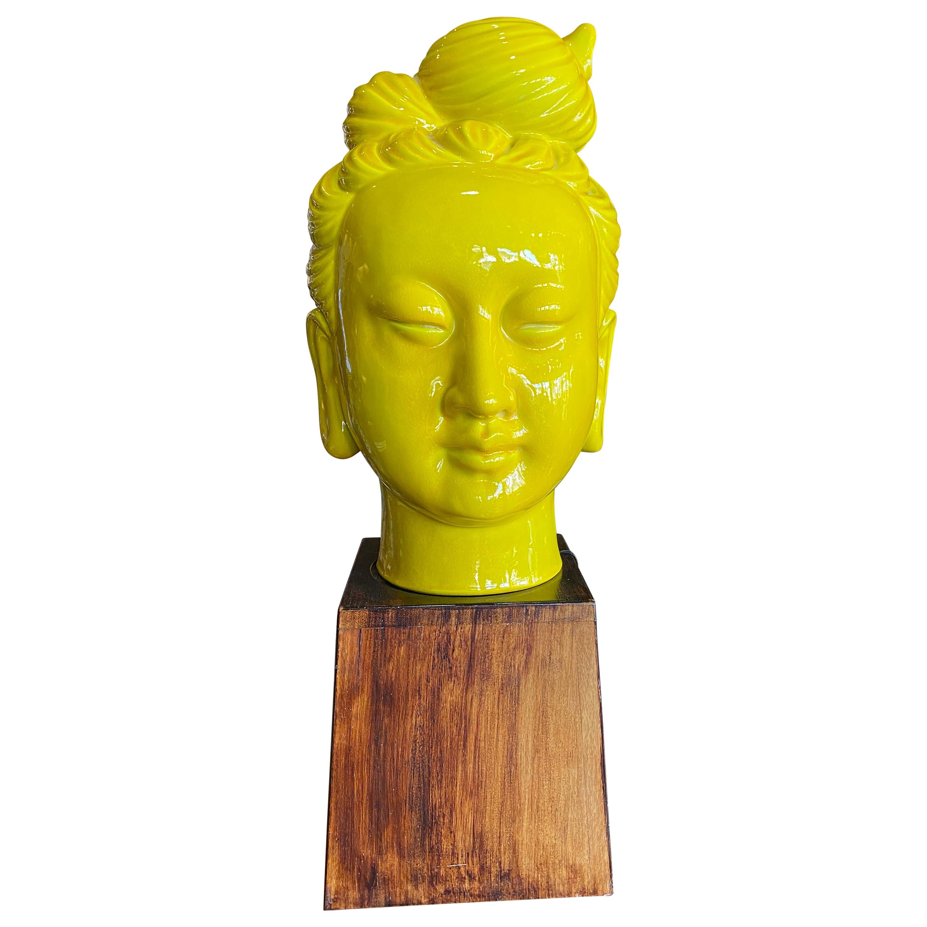 Chinese Ceramic 1950s Yellow Guan Yin Head on Stand For Sale