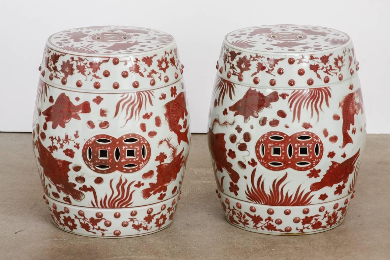 Chinese Ceramic Aquatic Life Garden Stools or Drink Tables In Excellent Condition In Rio Vista, CA