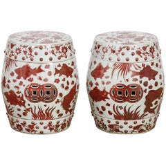 Vintage Chinese Ceramic Aquatic Life Garden Stools or Drink Tables