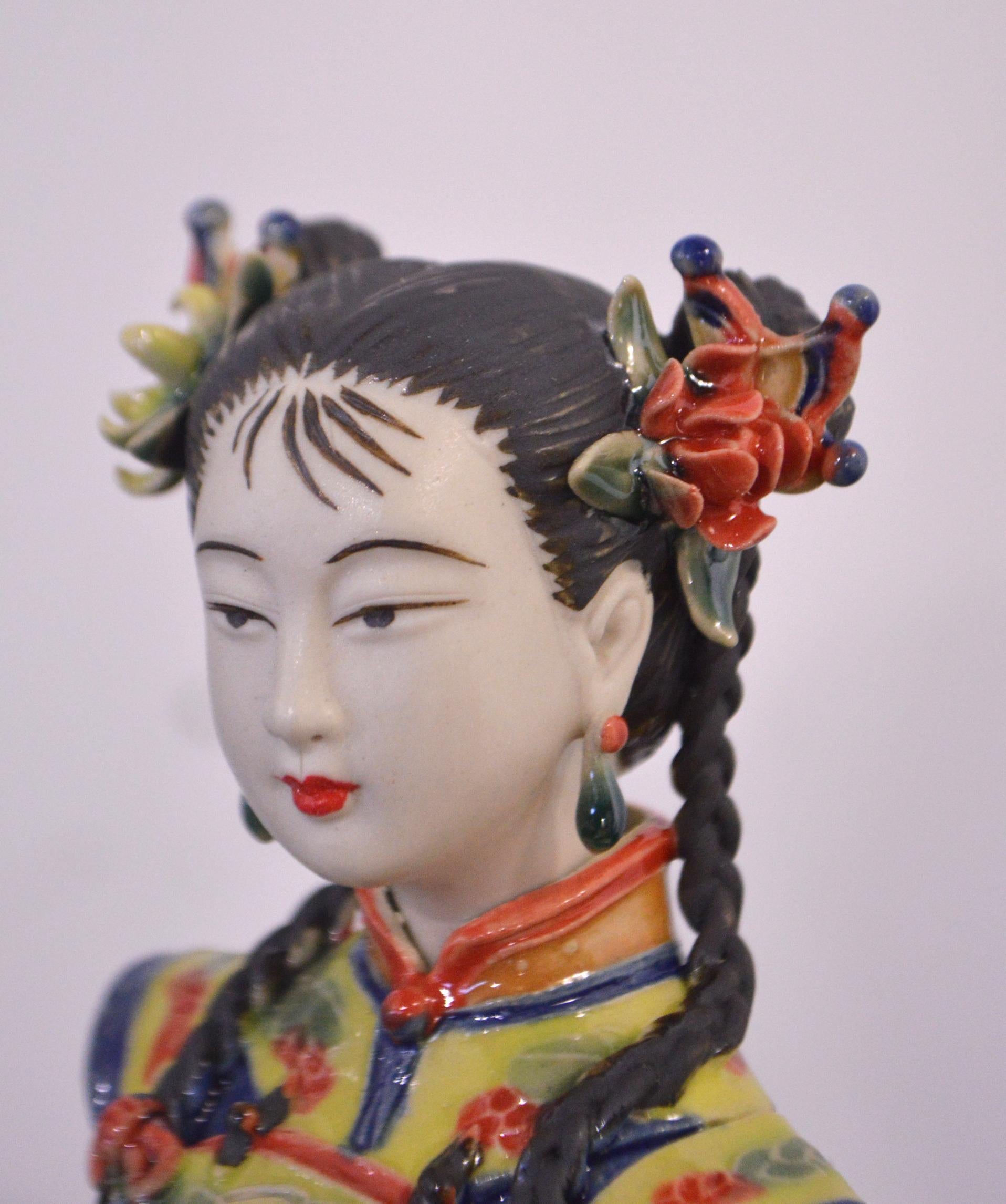 Contemporary Chinese Ceramic Court Lady Statuette Hand-Crafted For Sale