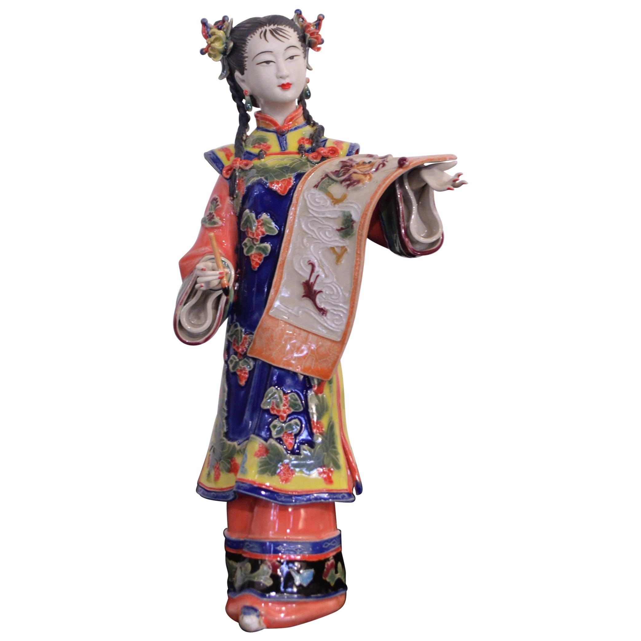 Chinese Ceramic Court Lady Statuette Hand-Crafted For Sale