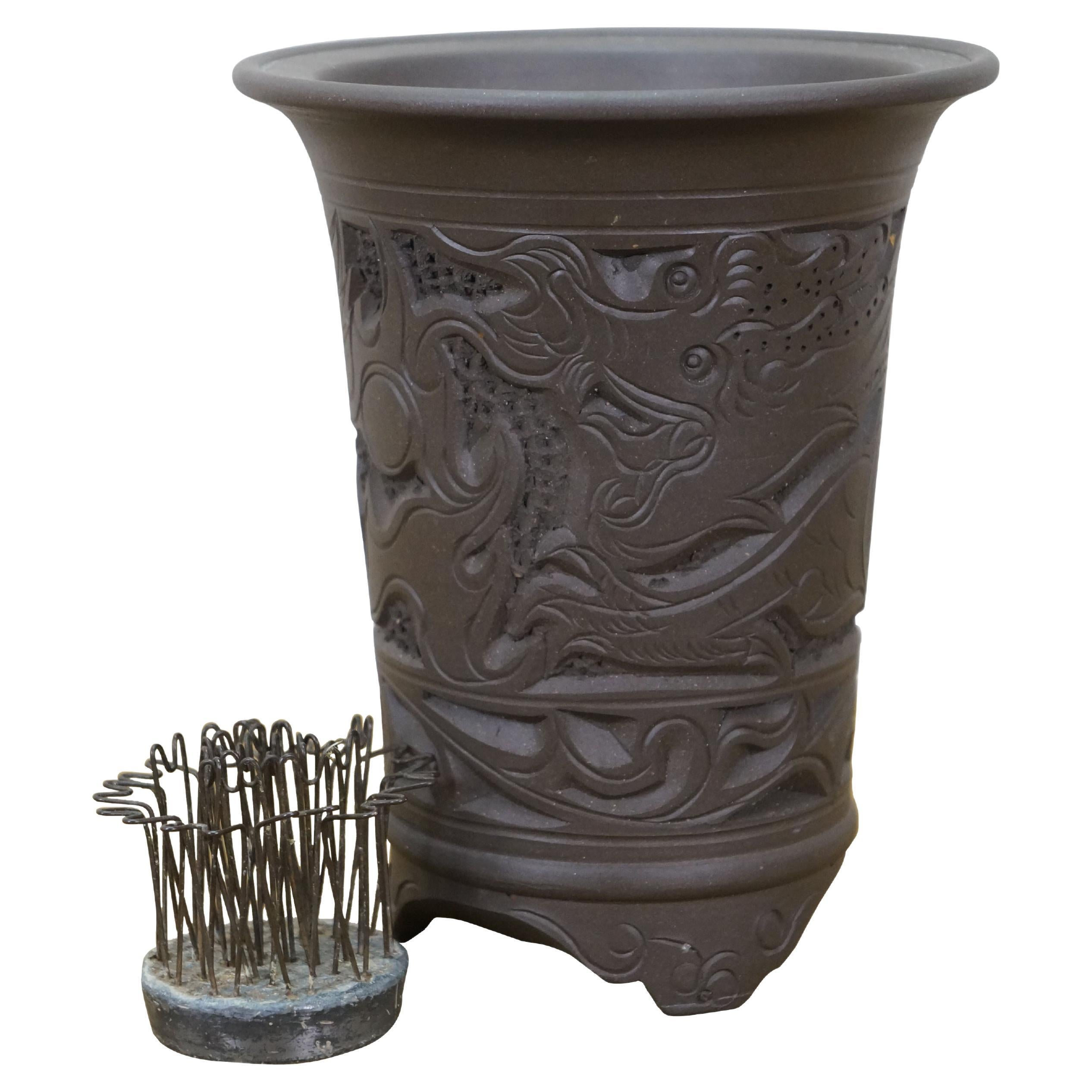 Chinese Ceramic Flower Frog Bonsai Dragon Bud Vase w Cloud Feet 7" For Sale