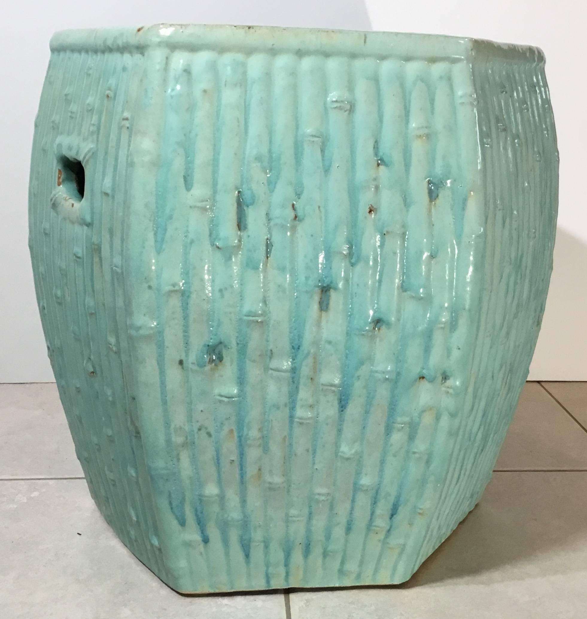 Beautiful garden stool made of ceramic, perfect of a space indoor or outdoor in a turquoise color with bamboo pattern all-over. To top is wide enough to use it as side table too.