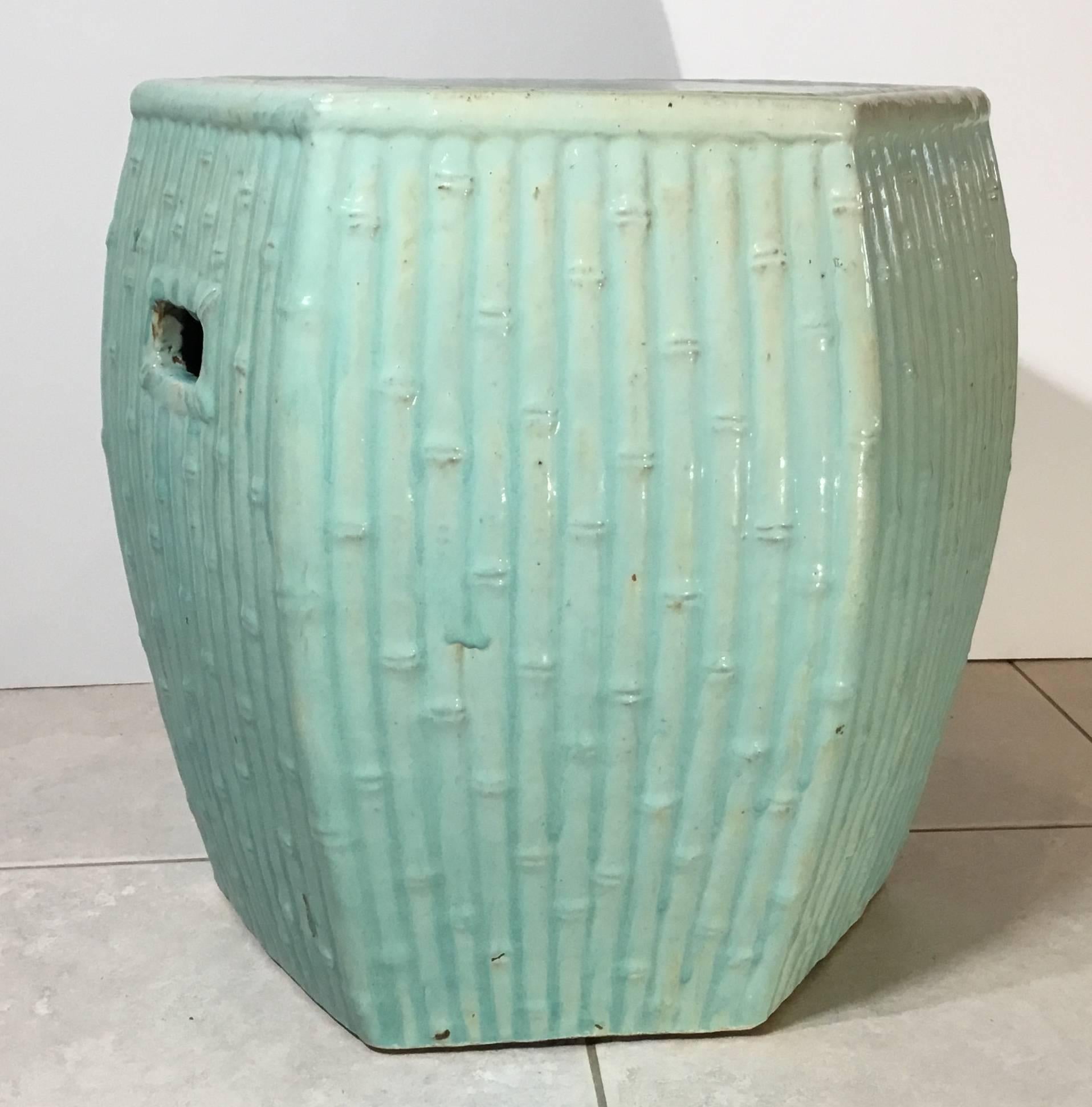 Beautiful garden stool made of ceramic, perfect for a space indoor or outdoor in a turquoise color with a bamboo pattern all over. The top is wide enough to use as a side table.