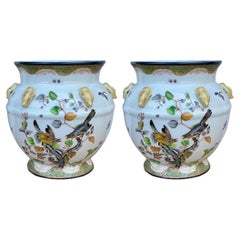 Chinese Ceramic Hand Painted Vases / Jardieres W/ Planters Birds & Lemons - Pair