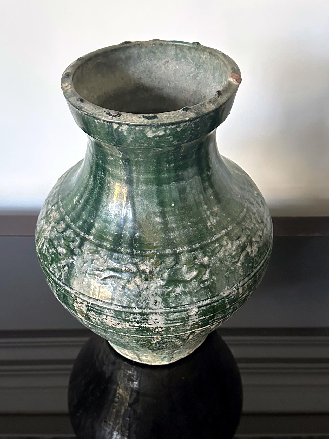 Archaistic Chinese Ceramic Hu Jar with Green Glaze Han Dynasty For Sale