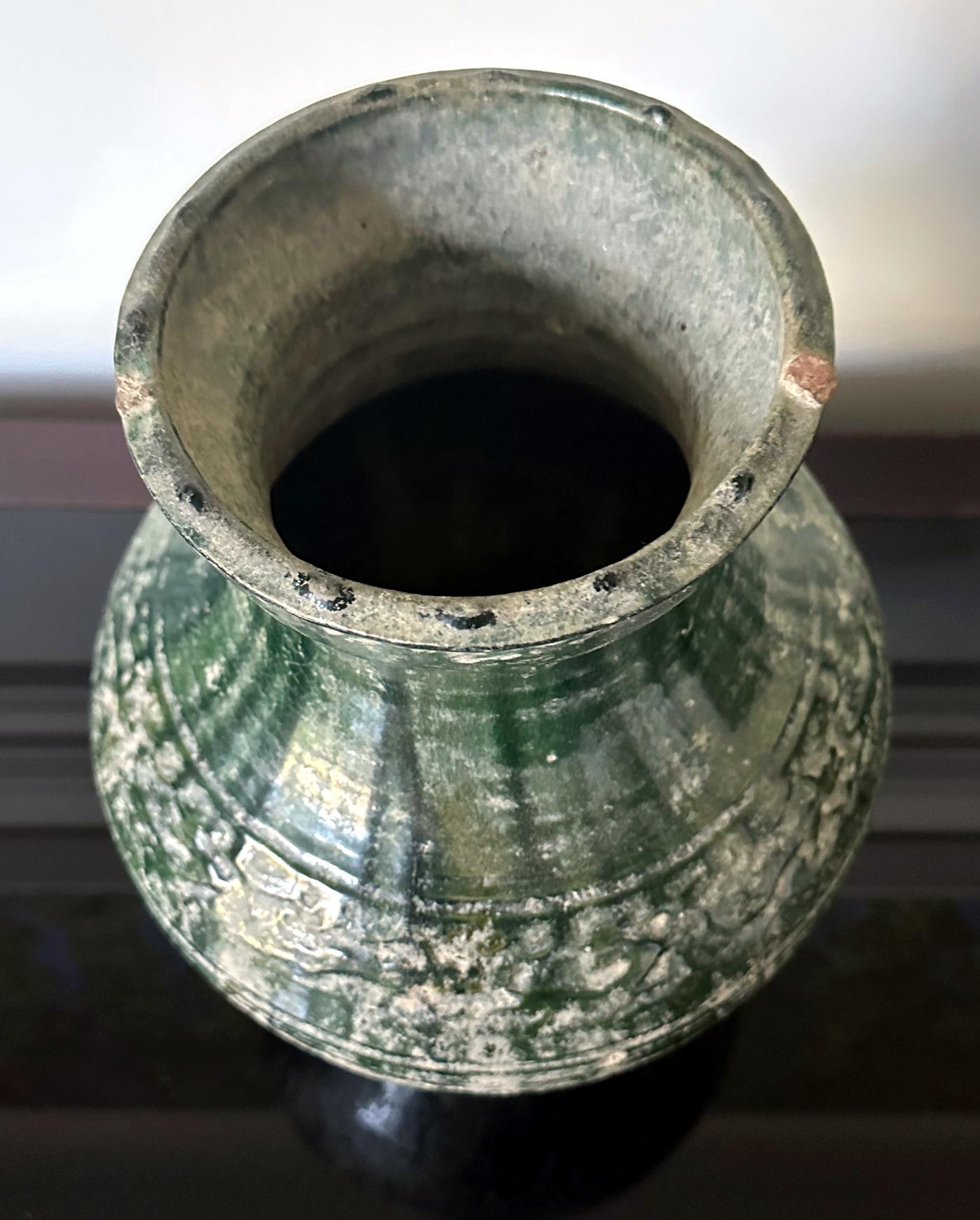 Glazed Chinese Ceramic Hu Jar with Green Glaze Han Dynasty For Sale