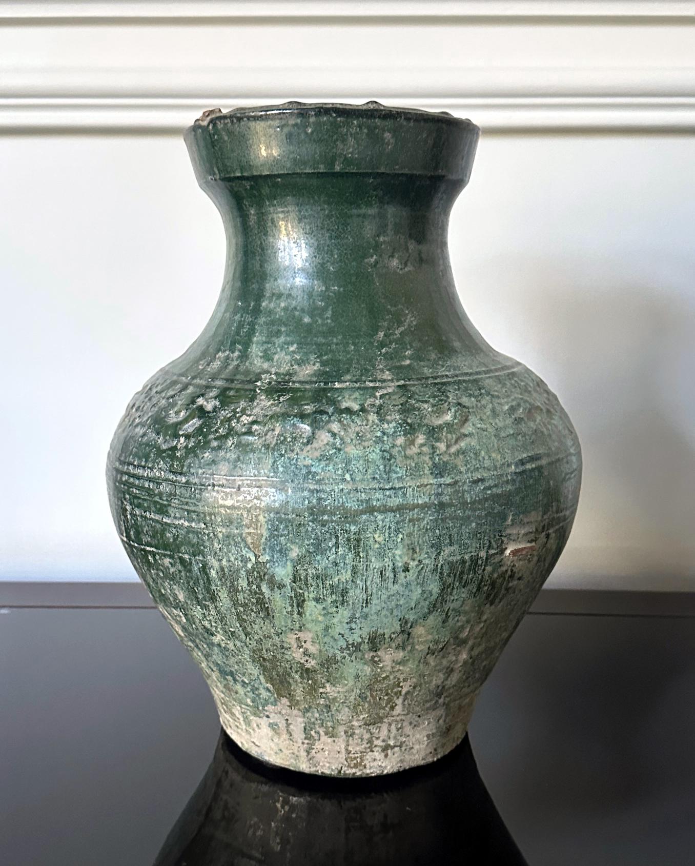 18th Century and Earlier Chinese Ceramic Hu Jar with Green Glaze Han Dynasty For Sale