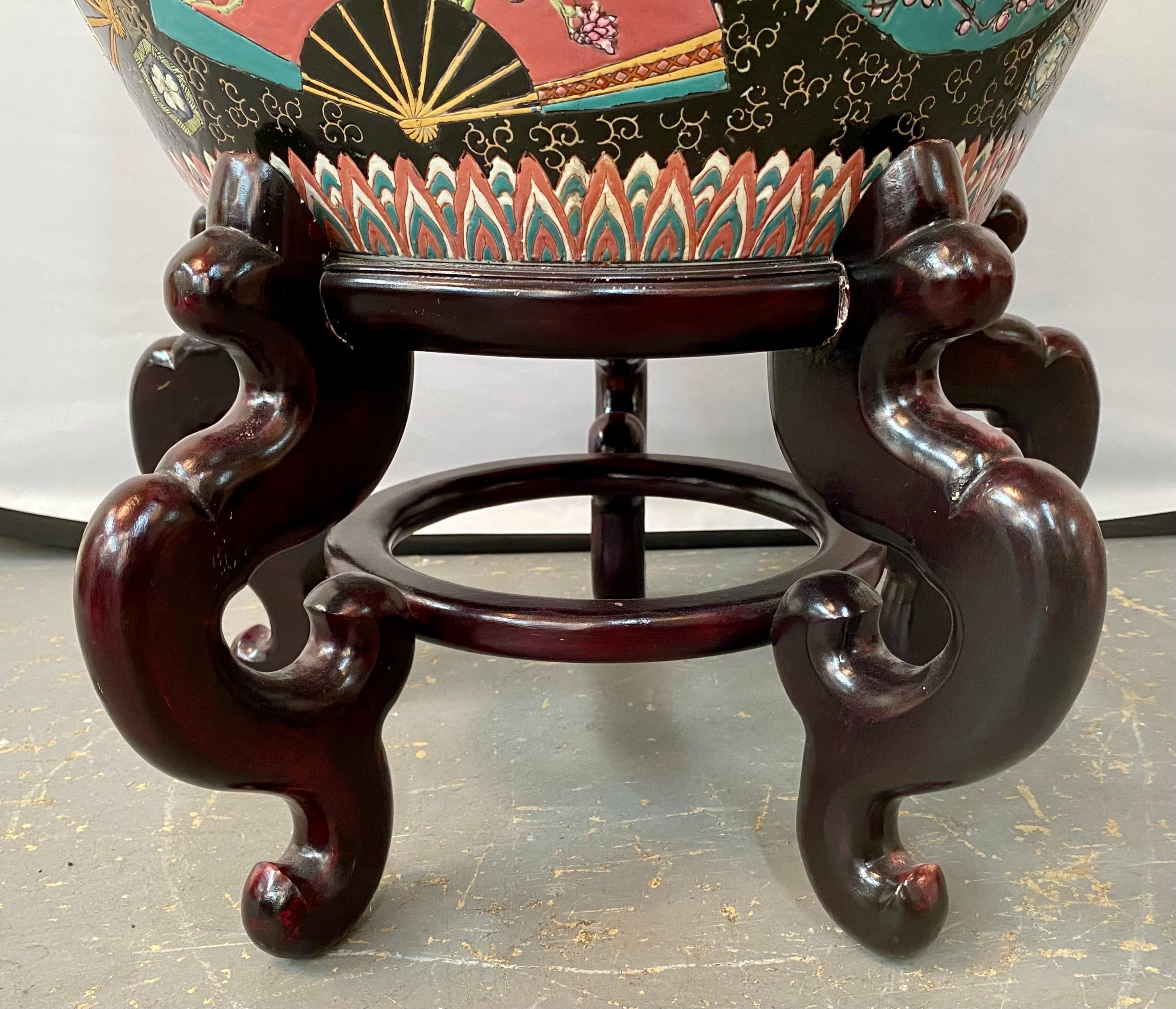 Chinese Ceramic Large Fish Bowl Jardiniere or Planter with Carved Wood Stand  In Good Condition In Plainview, NY
