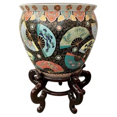 Chinese Ceramic Large Fish Bowl Jardiniere or Planter with Carved Wood Stand