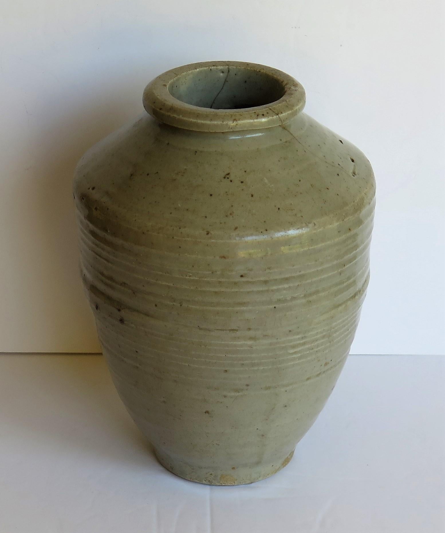 Hand-Crafted Chinese Ceramic Ming Yao Jar or Vase Celadon Glaze, Early 17th Century