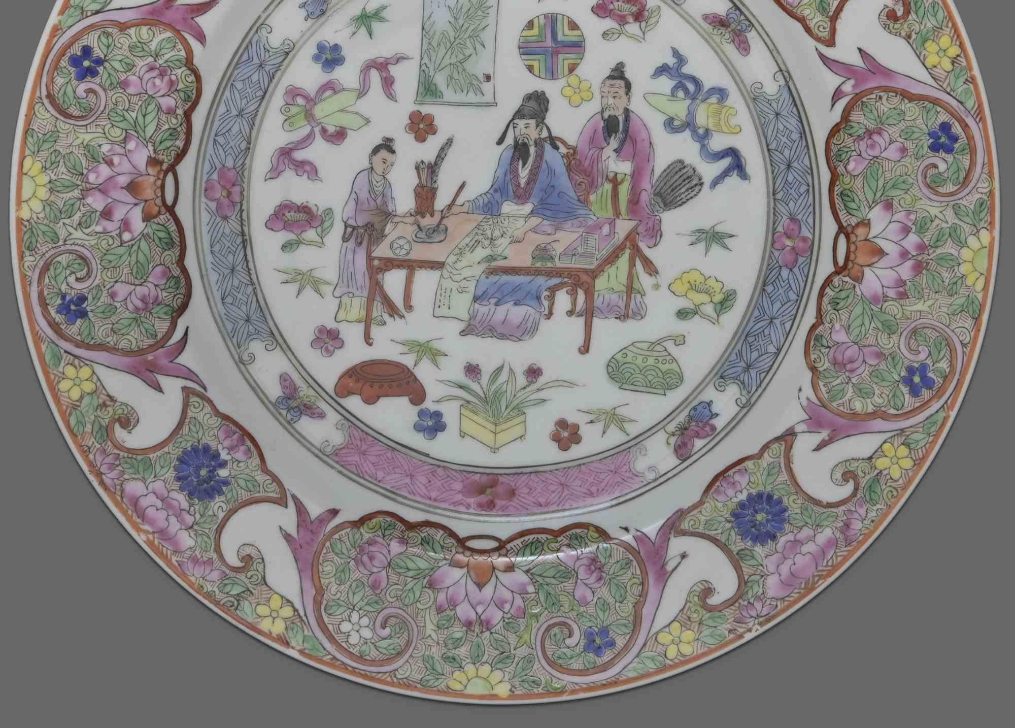 Enameled Chinese Ceramic Plate, Early 20th Century For Sale