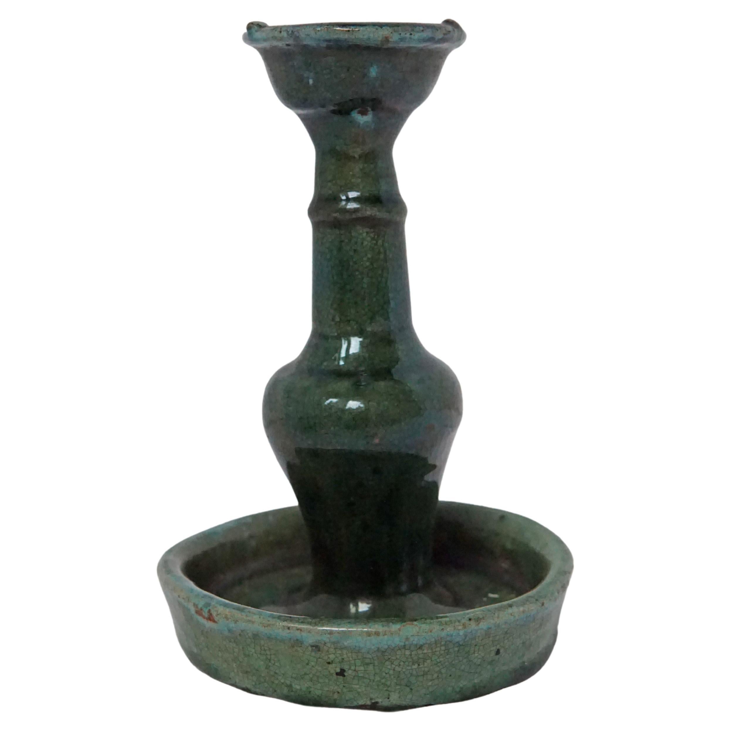 Chinese Ceramic 'Shiwan' Oil Lamp / Candle Holder, Green Glaze, c. 1900