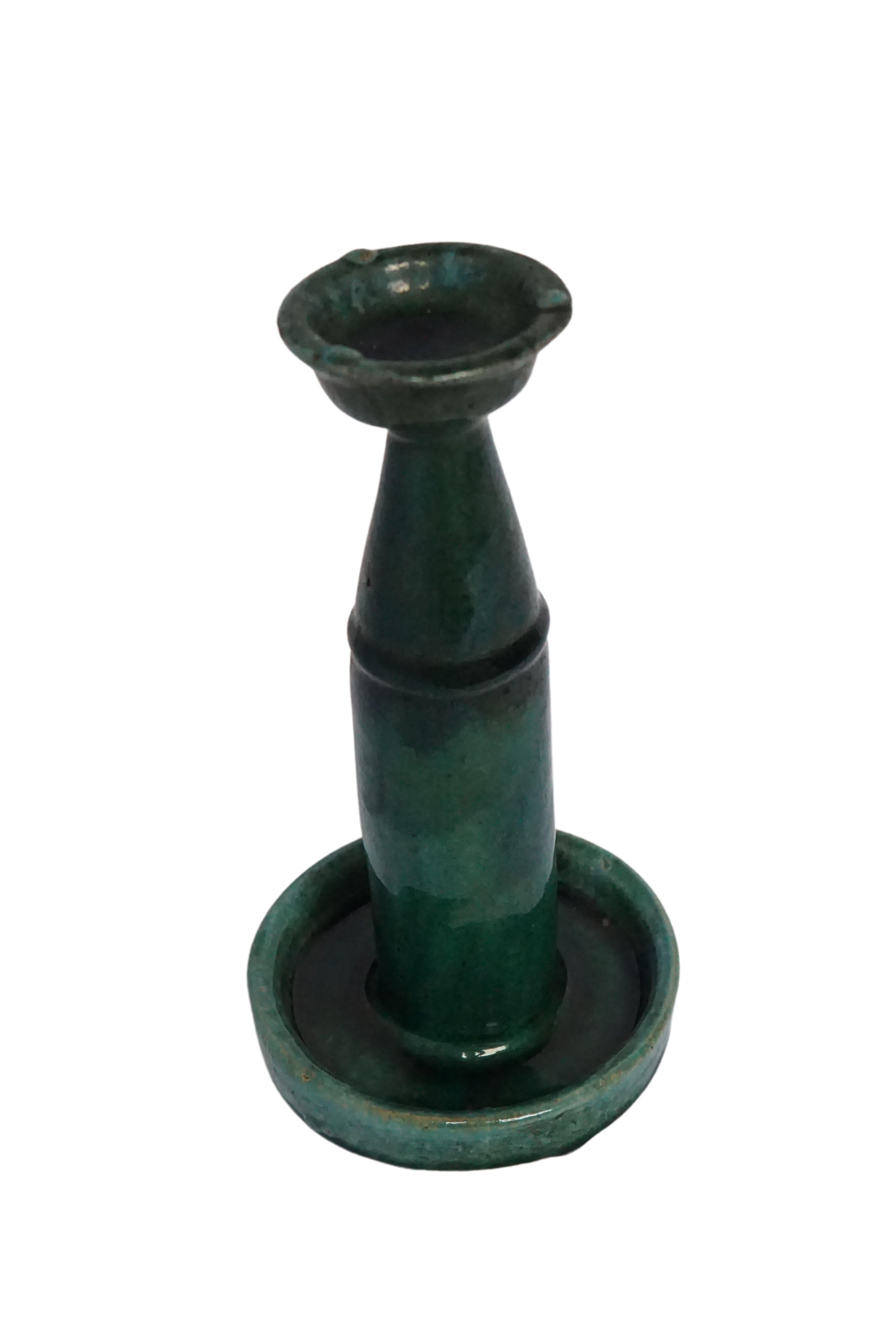 Chinoiserie Chinese Ceramic 'Shiwan' Oil Lamp / Candle Holder, Green Glaze, c. 1950 For Sale