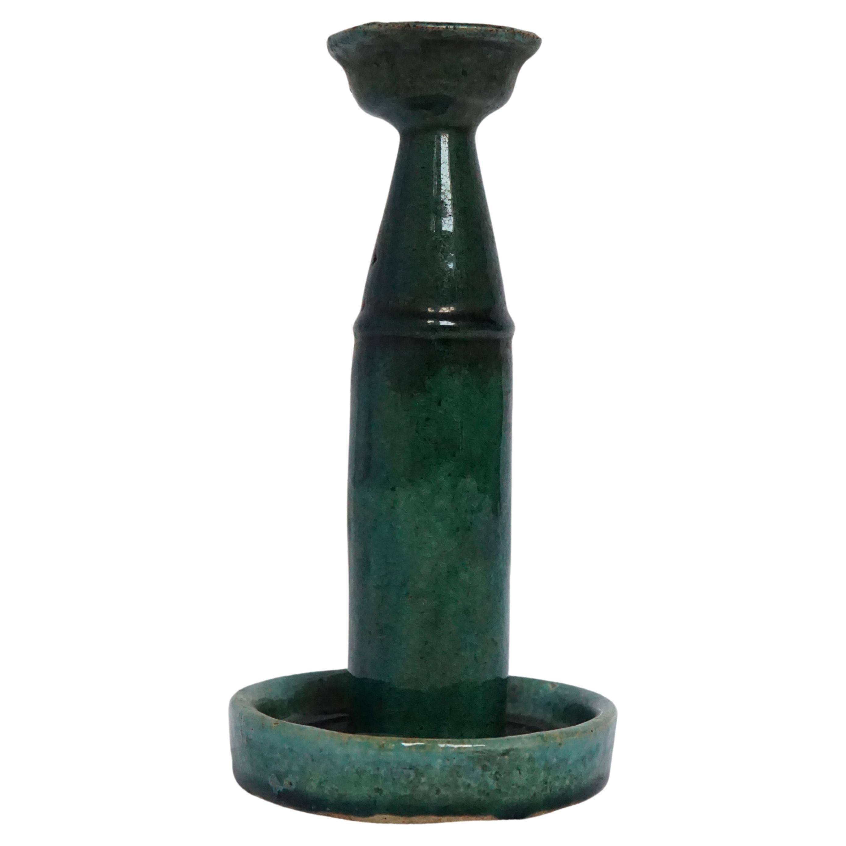 Chinese Ceramic 'Shiwan' Oil Lamp / Candle Holder, Green Glaze, c. 1950 For Sale