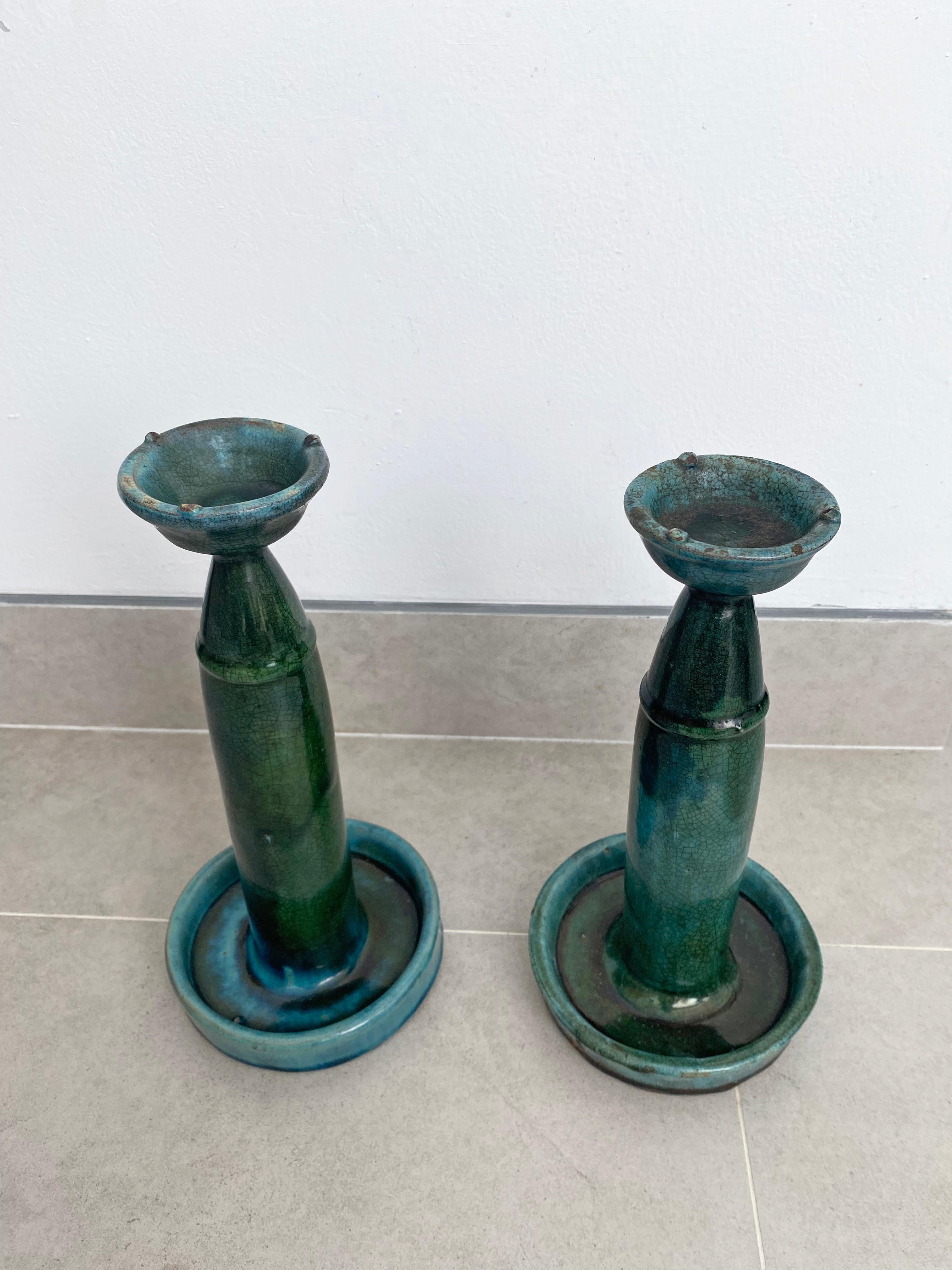 Other Chinese Ceramic 'Shiwan' Oil Lamp / Candleholder Set, Green Glaze, c. 1900 For Sale