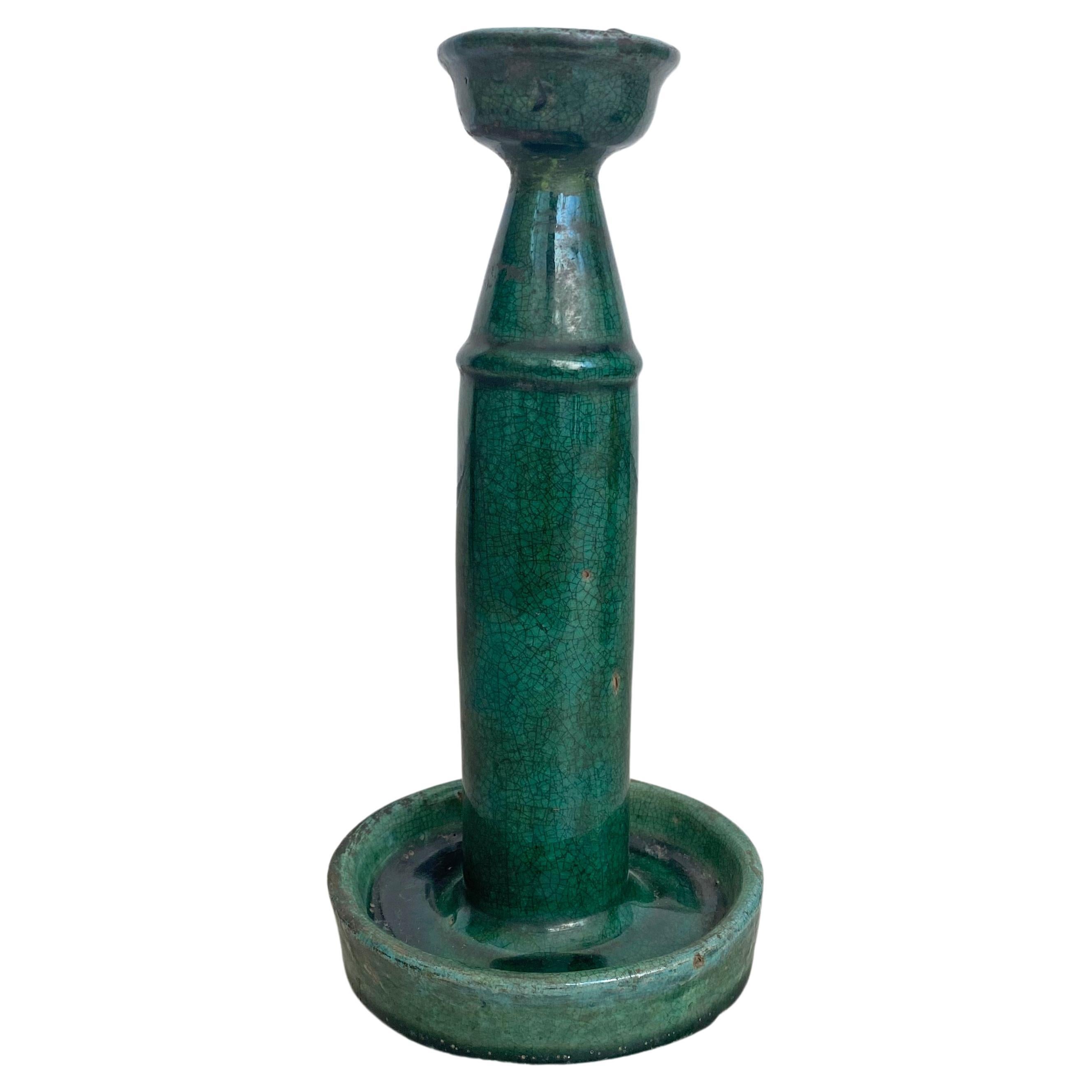Chinese Ceramic 'Shiwan' Oil Lamp / Candleholder, Green Glaze, c. 1900 For Sale
