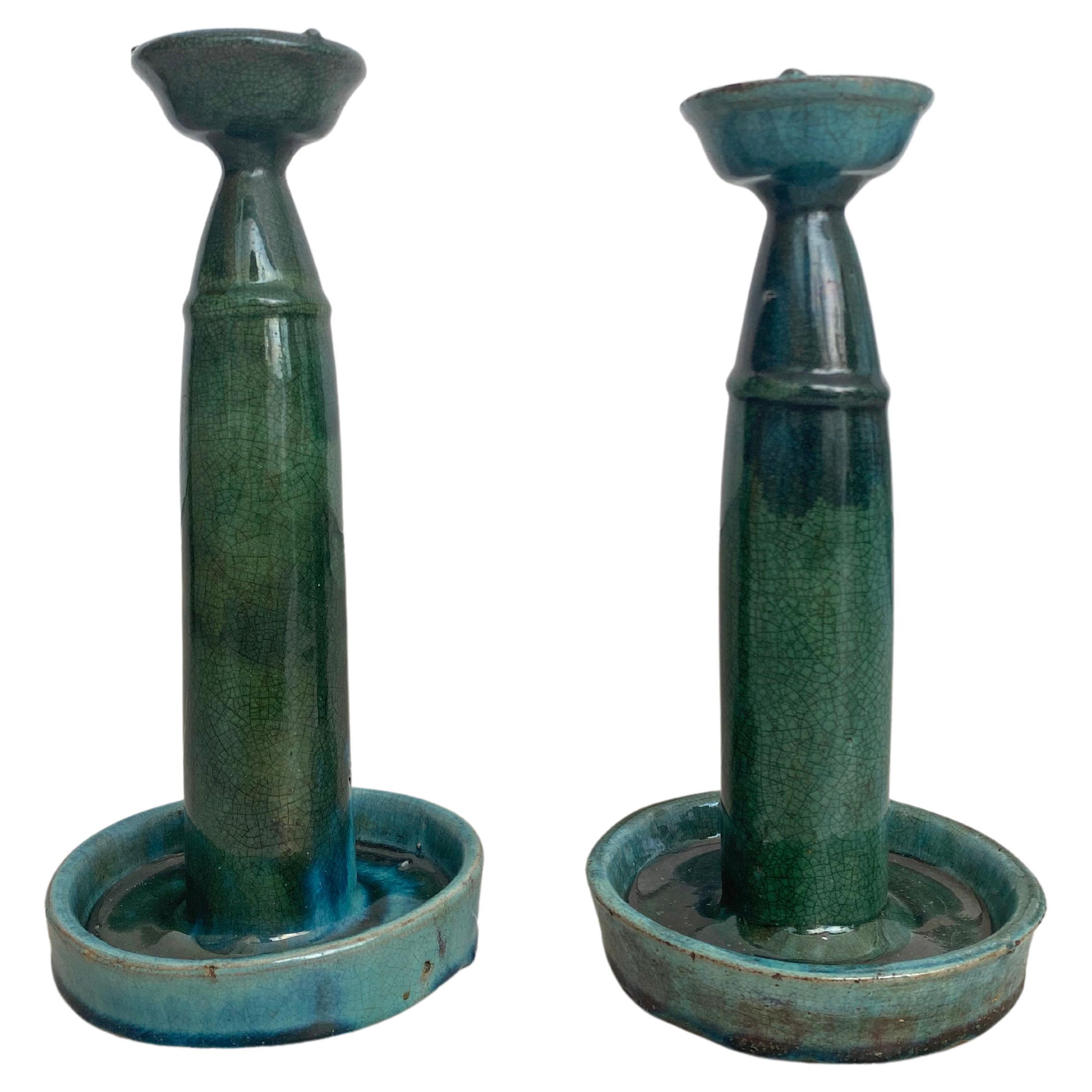 Chinese Ceramic 'Shiwan' Oil Lamp / Candleholder Set, Green Glaze, c. 1900 For Sale