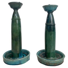 Antique Chinese Ceramic 'Shiwan' Oil Lamp / Candleholder Set, Green Glaze, c. 1900