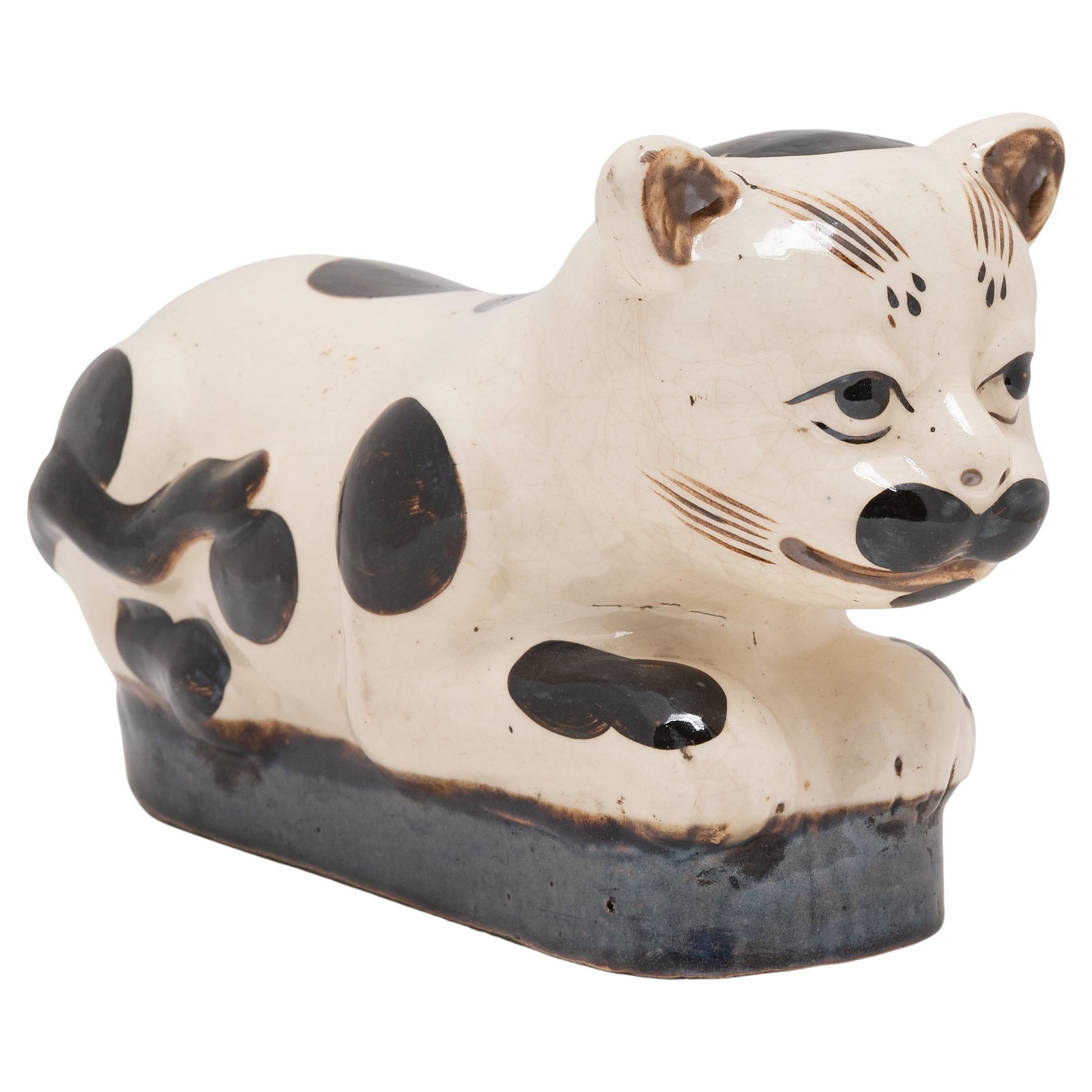 Chinese Ceramic Spotted Cat Headrest, c. 1900 For Sale