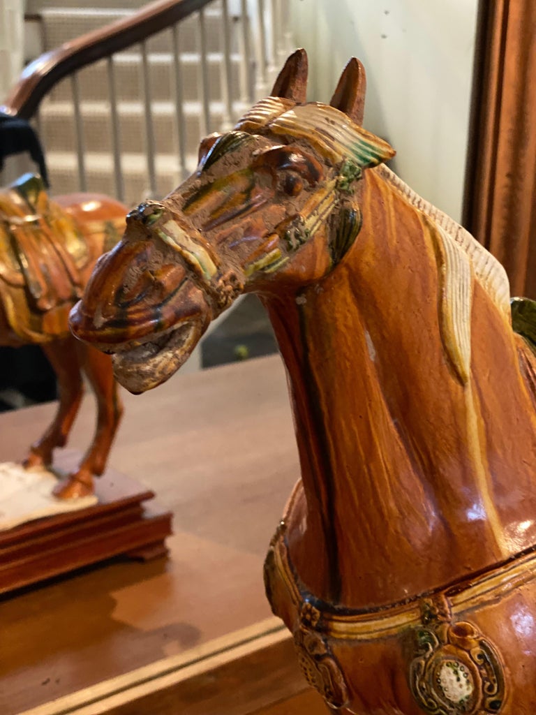 Chinese Ceramic Tang Style Horse on Stand For Sale at 1stDibs