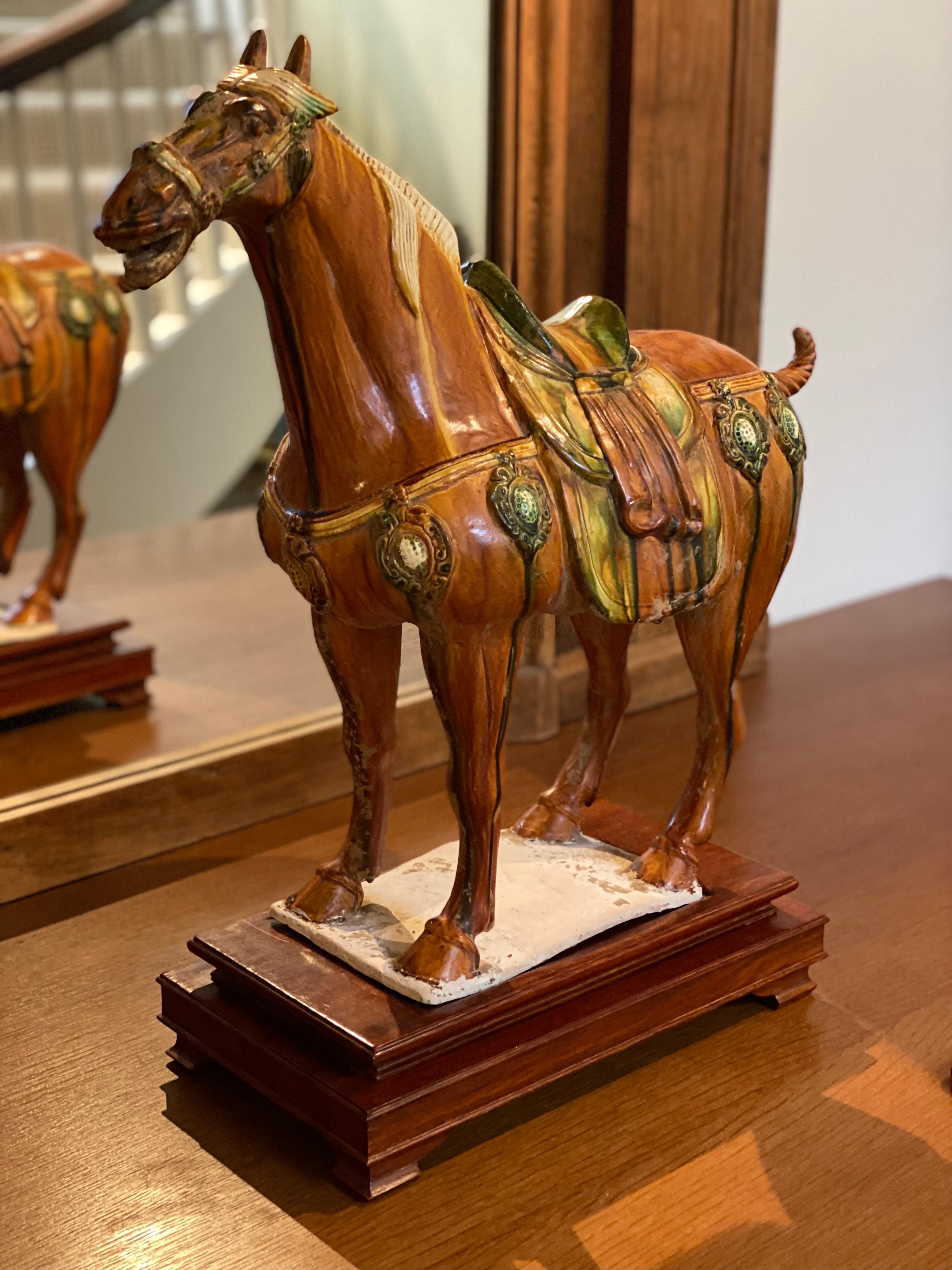 Chinese Ceramic Tang Style Horse on Stand For Sale at 1stDibs