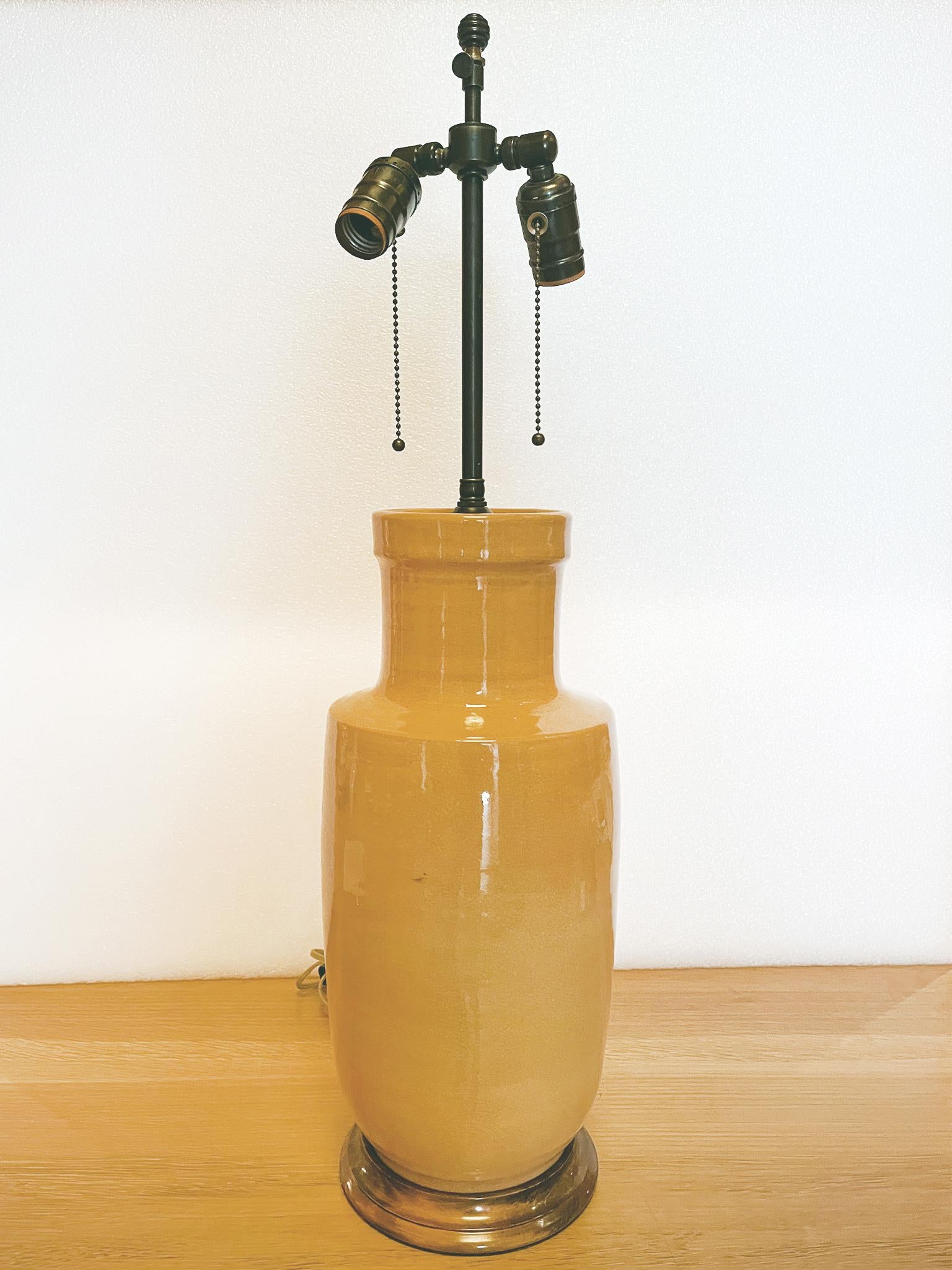 Chinese Ceramic Vase Table Lamp in Mustard Yellow Glaze In Good Condition In New York, NY
