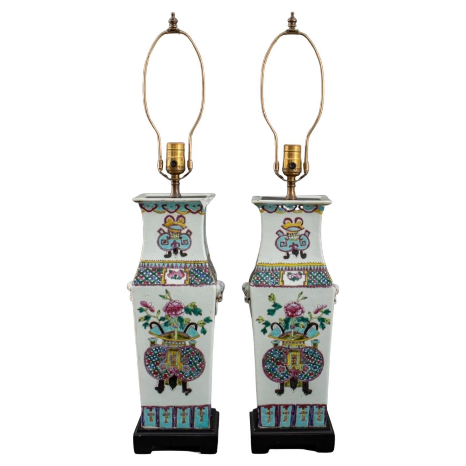 Chinese Ceramic Vases Mounted as Lamps, Pair For Sale