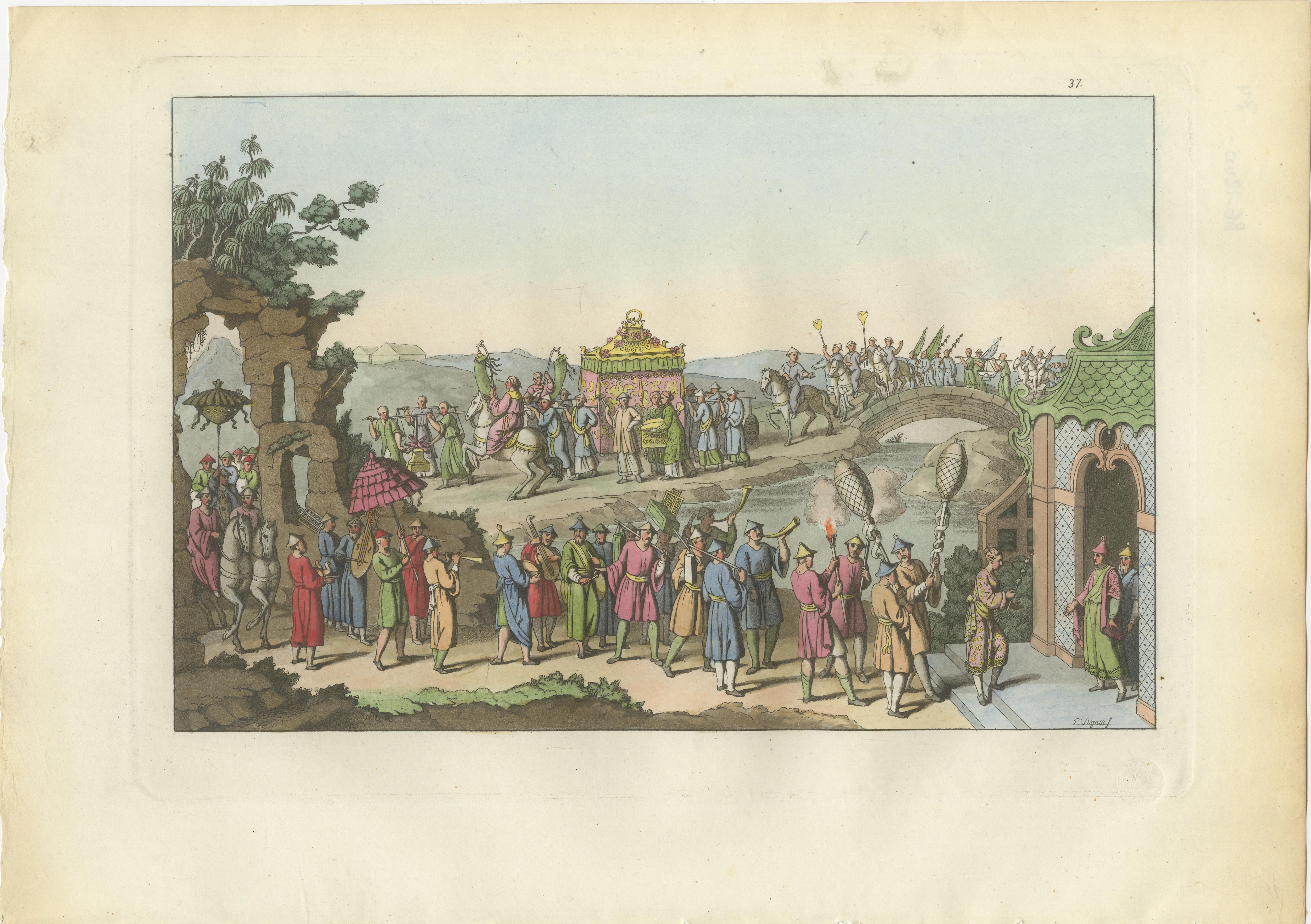 Chinese Ceremonial Processions, Hand-Colored Engravings from Ferrario, 1815