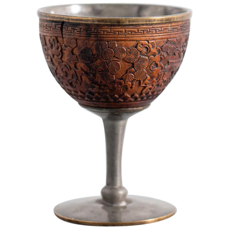 Chinese Chalice in Inlaid Coconut and Pewter, Marked, China Qing Dynasty