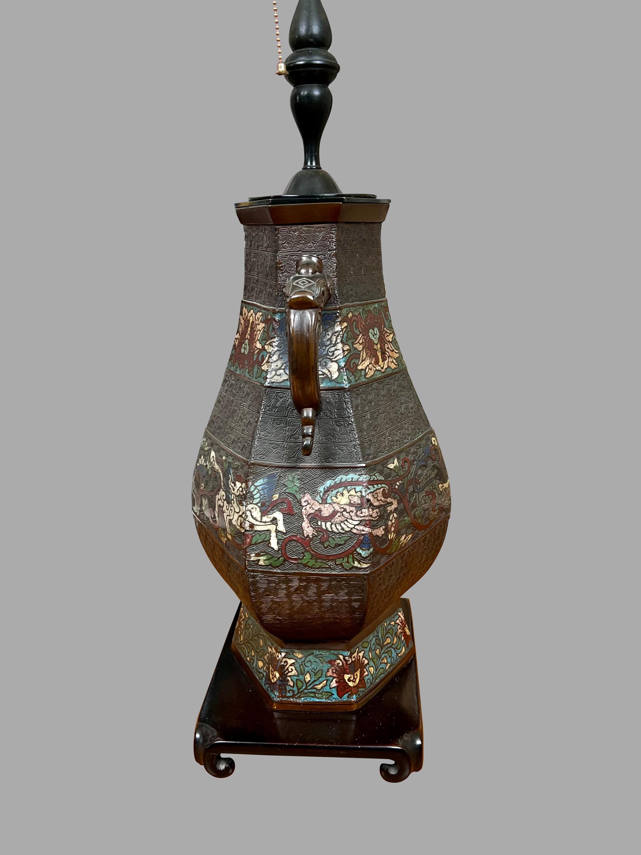 Chinoiserie Chinese Bronze Champleve Table Lamp with Stylized  Elephant Head Handles For Sale