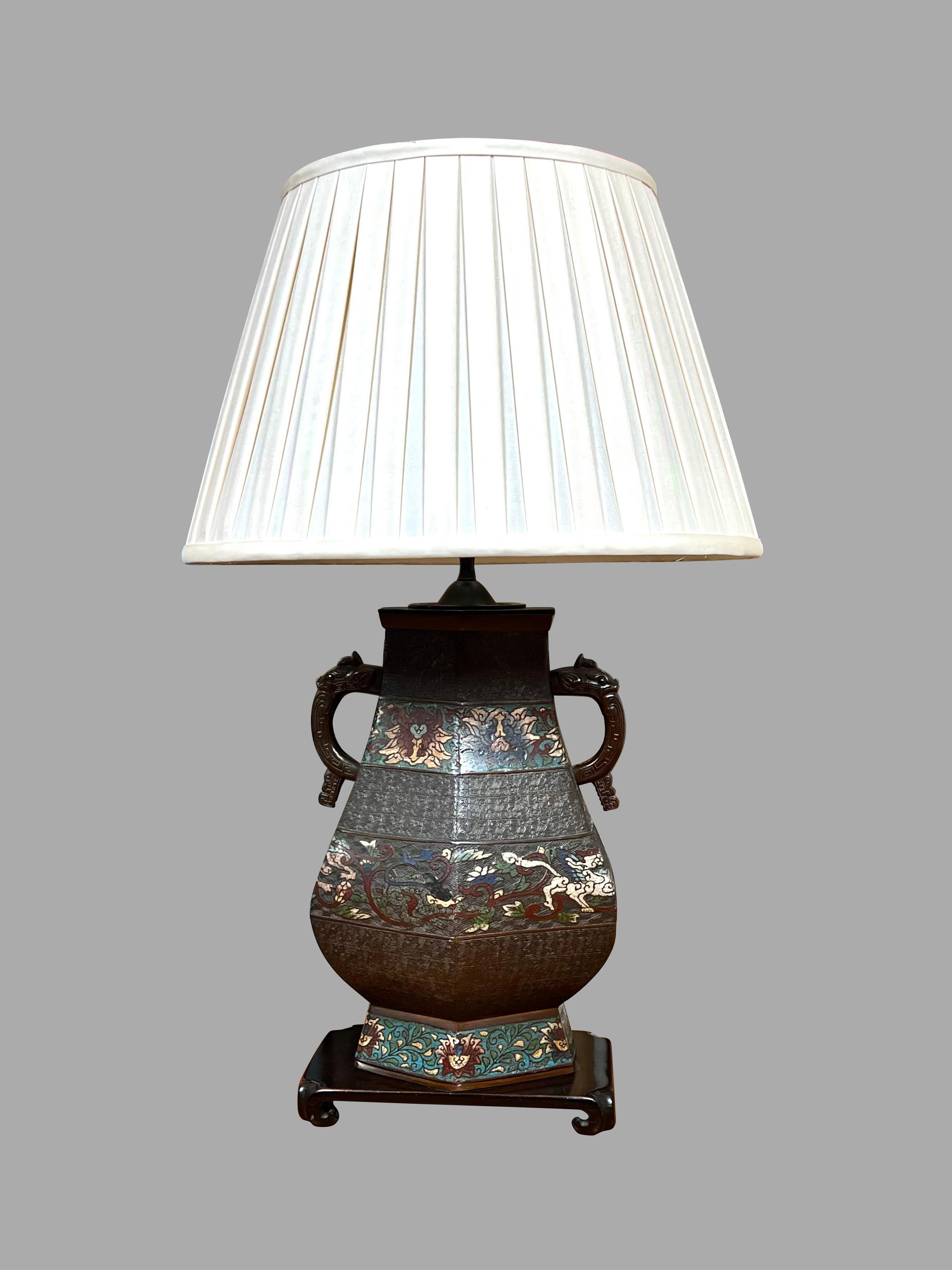 Chinese Bronze Champleve Table Lamp with Stylized  Elephant Head Handles For Sale 1