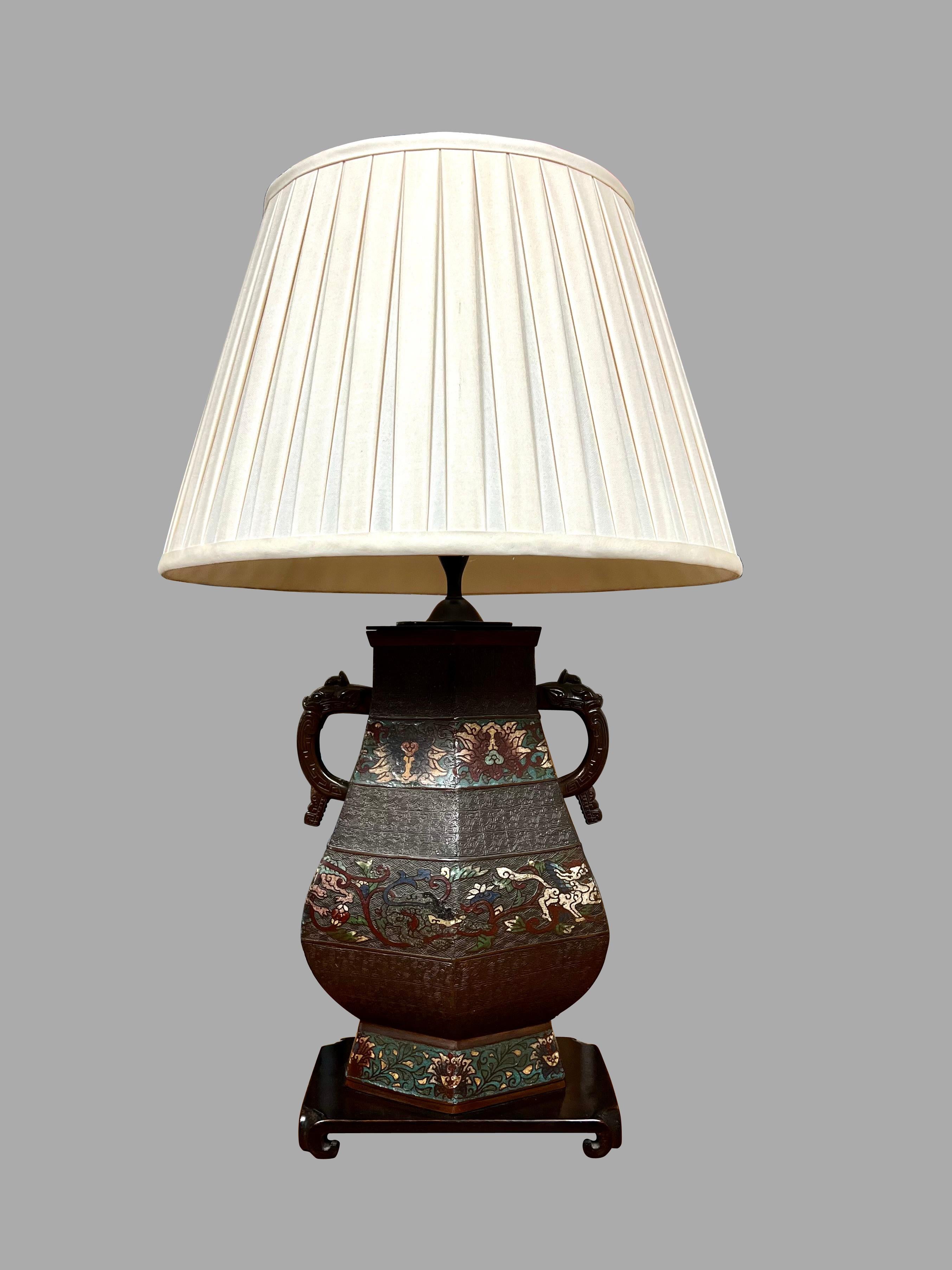 Chinese Bronze Champleve Table Lamp with Stylized  Elephant Head Handles For Sale 2