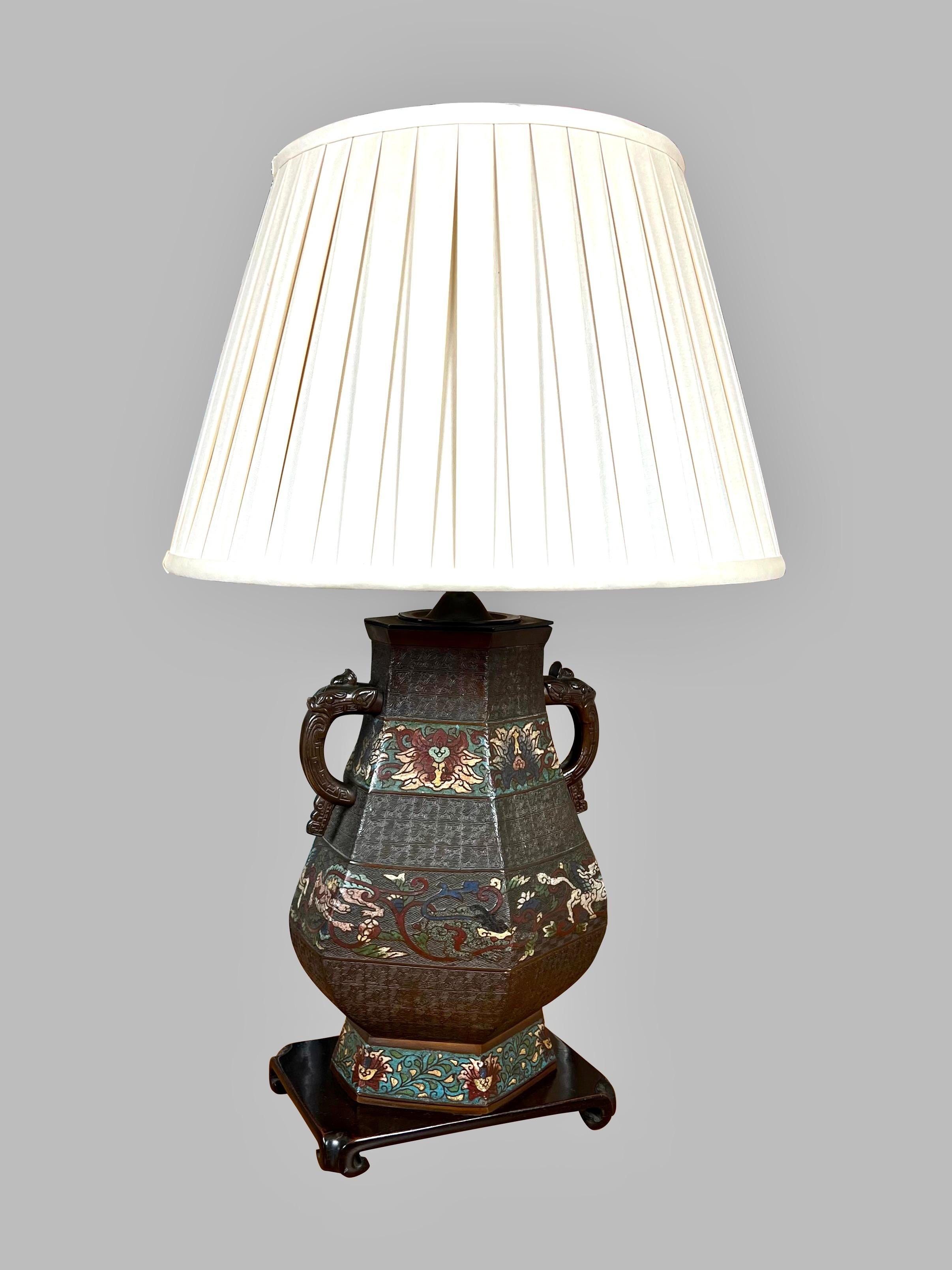 Chinese Bronze Champleve Table Lamp with Stylized  Elephant Head Handles For Sale 3