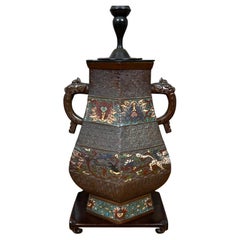 Chinese Bronze Champleve Table Lamp with Stylized  Elephant Head Handles