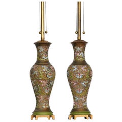 Vintage Japanese Champlevé, Cloisonné Lamps, Chinese Style 