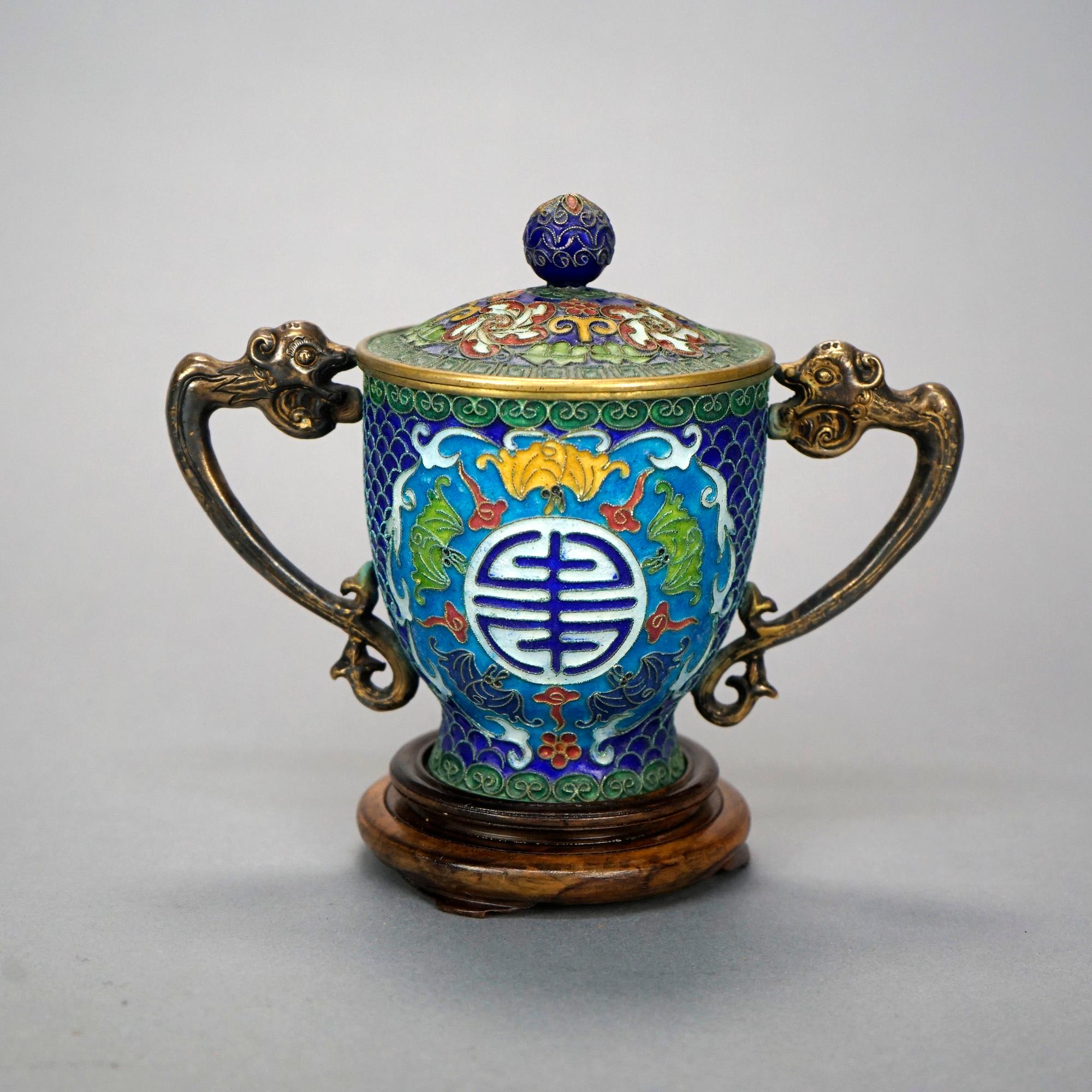 Enameled Chinese Champlevé Covered Good Luck Urn with Figural Handles 20th C