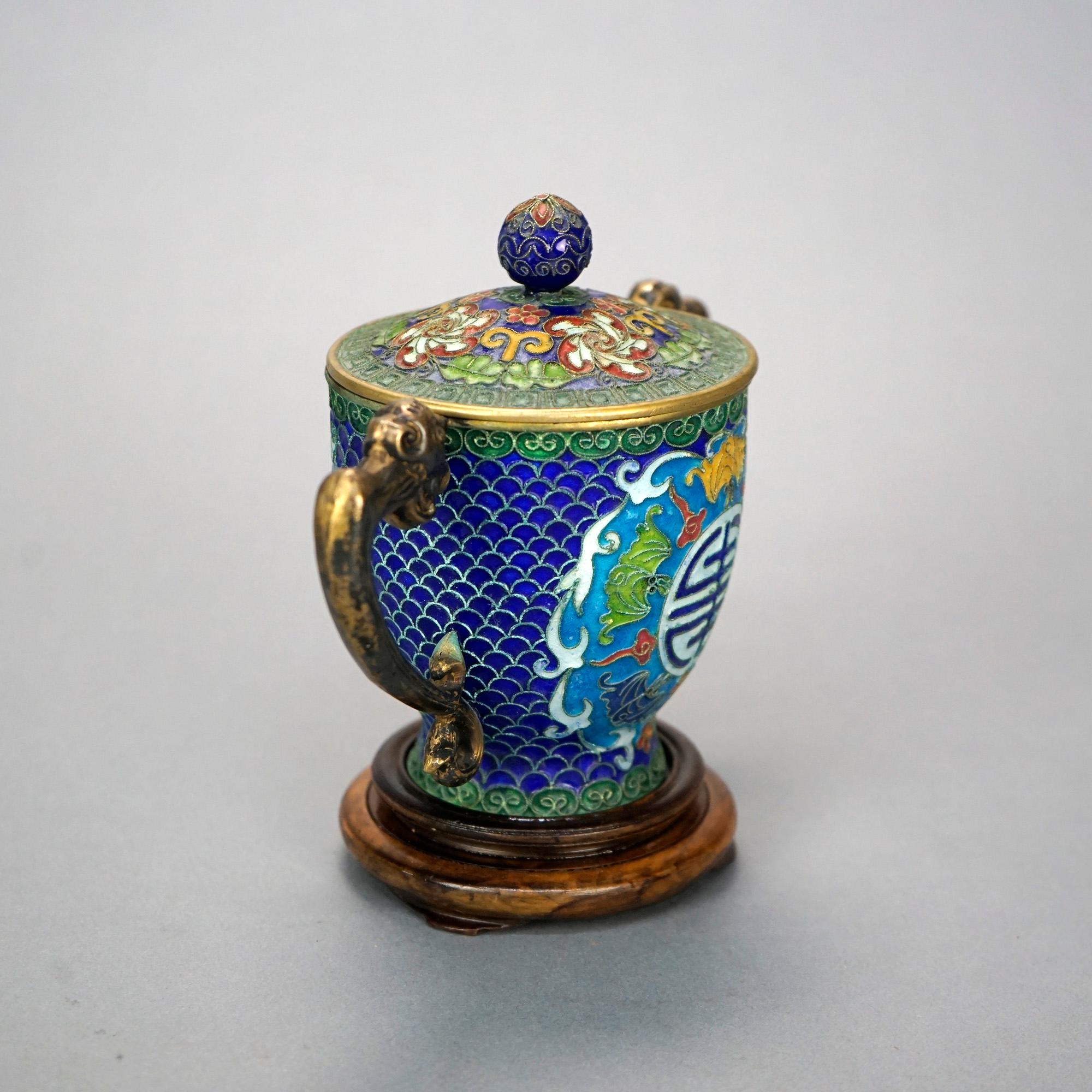 20th Century Chinese Champlevé Covered Good Luck Urn with Figural Handles 20th C