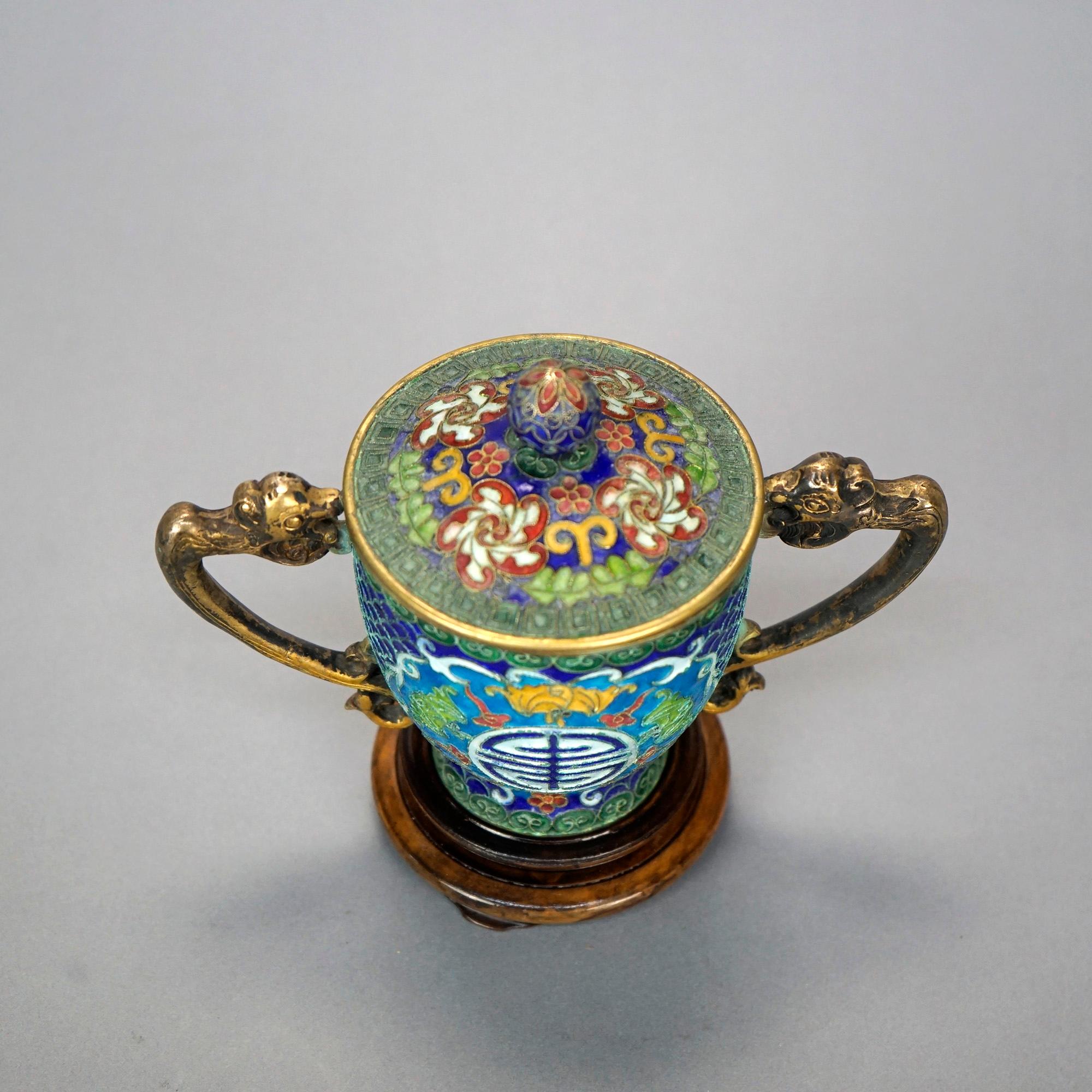 Metal Chinese Champlevé Covered Good Luck Urn with Figural Handles 20th C