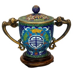 Chinese Champlevé Covered Good Luck Urn with Figural Handles 20th C
