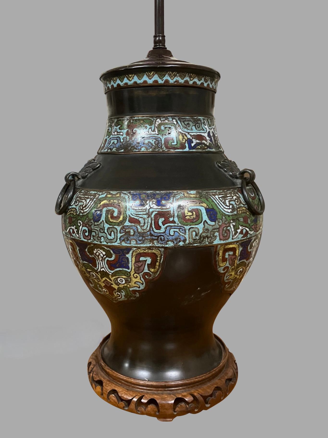 Handsome Chinese Champleve Table Lamp of Good Scale In Good Condition For Sale In San Francisco, CA
