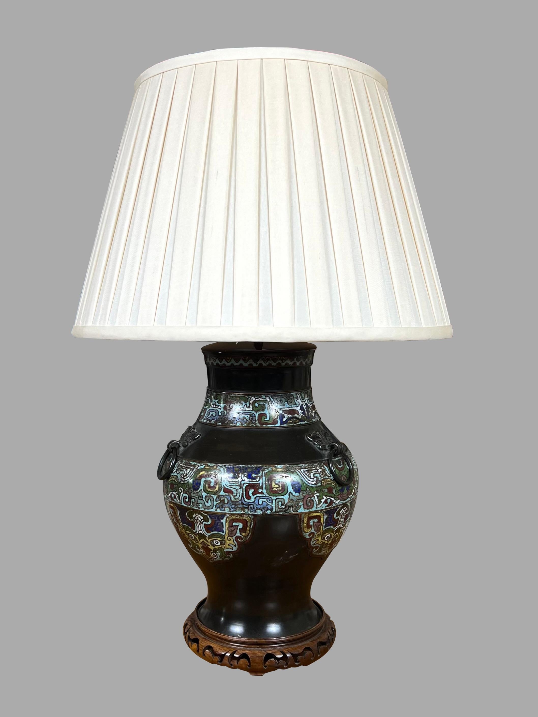 Bronze Handsome Chinese Champleve Table Lamp of Good Scale For Sale