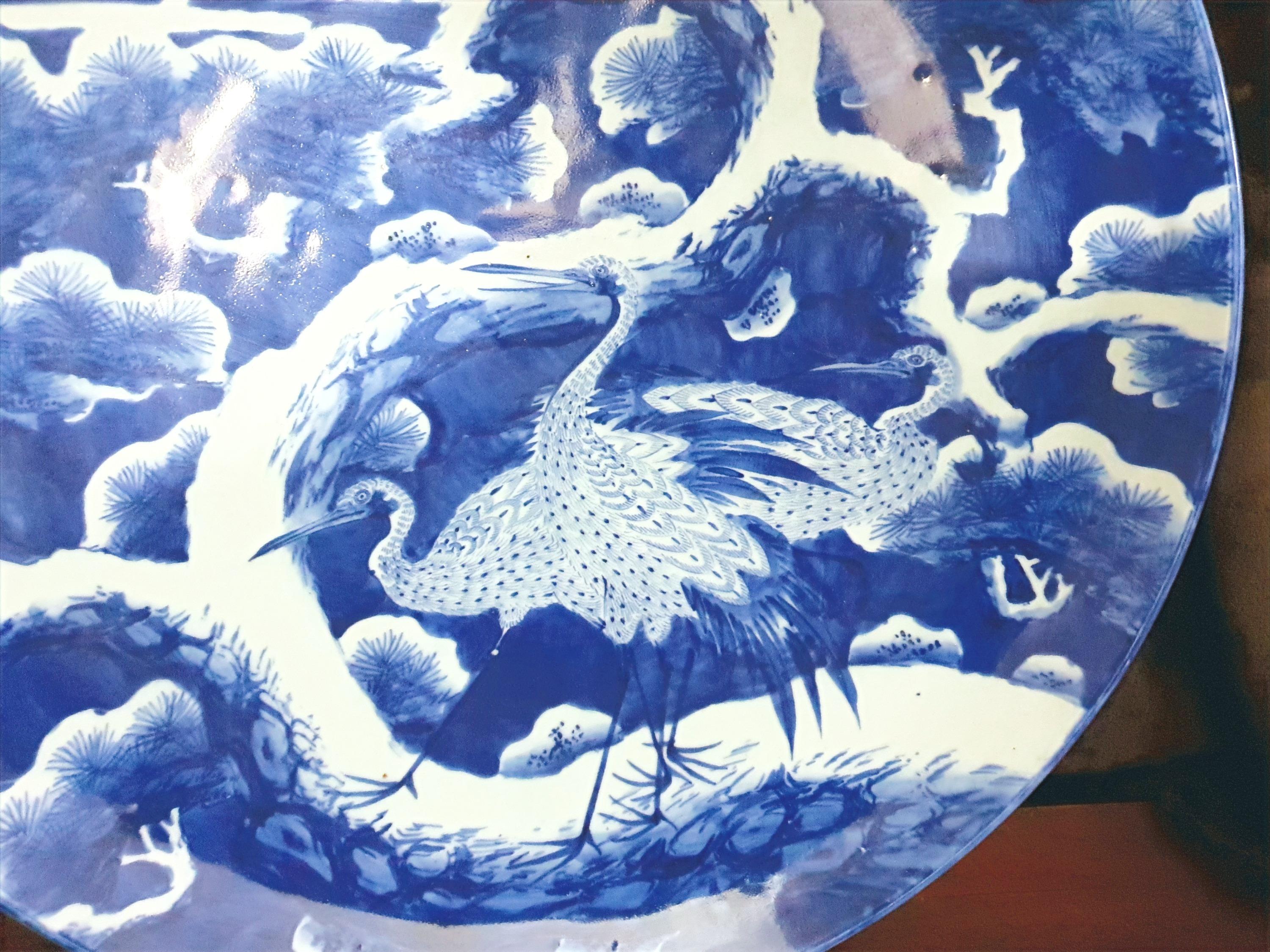 19th Century Japanese Deep Blue Charger Meiji Period with Mythical Creatures For Sale