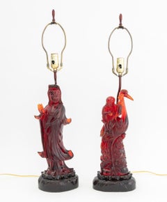 Chinese Cherry Red Amber Figural Table Lamps, Pair