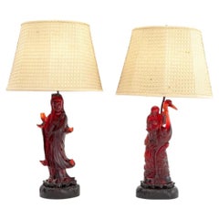 Chinese Cherry Red Amber Figural Table Lamps, Pair