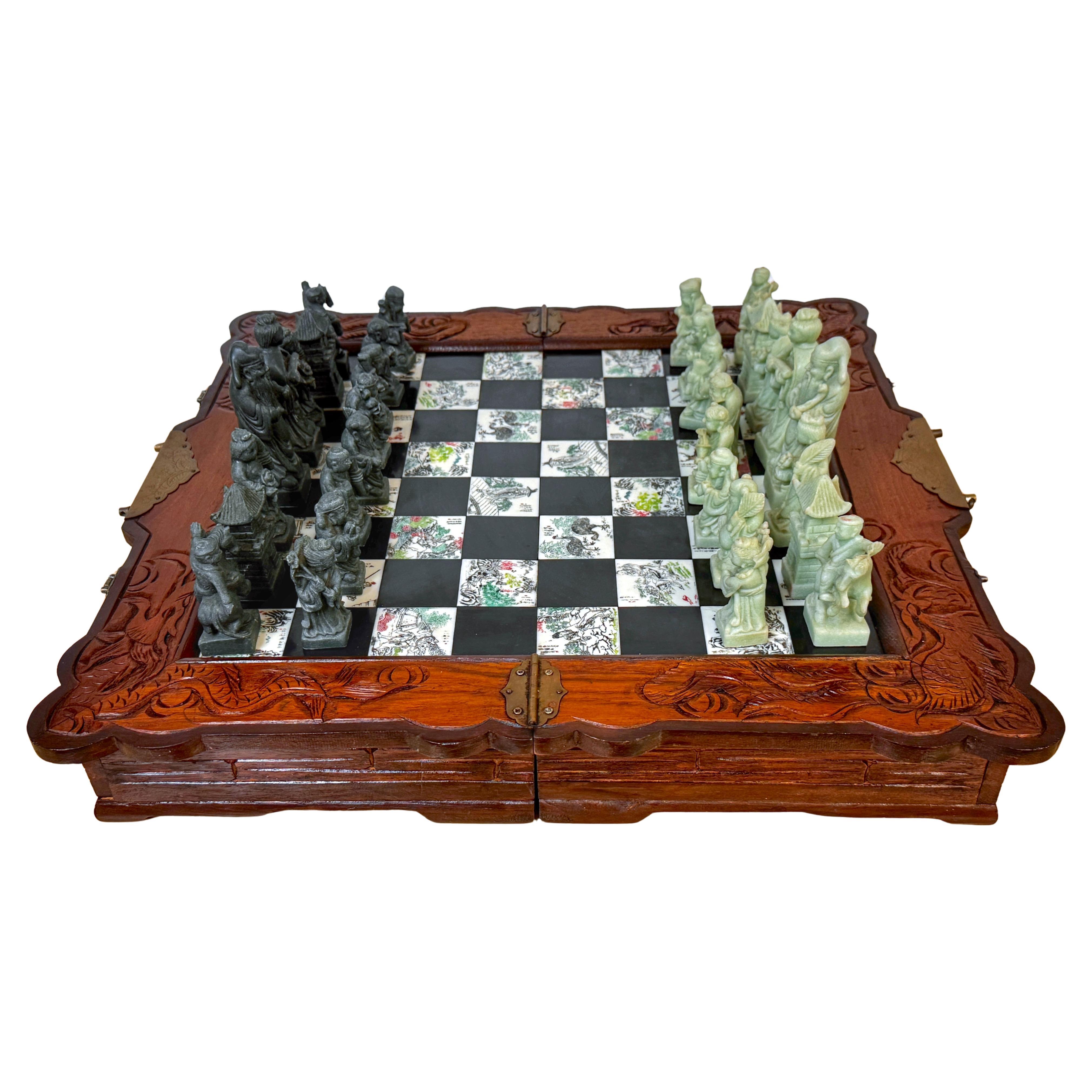 Chinese Chess Set with Immortals & Hardwood Campaign Lacquered Board