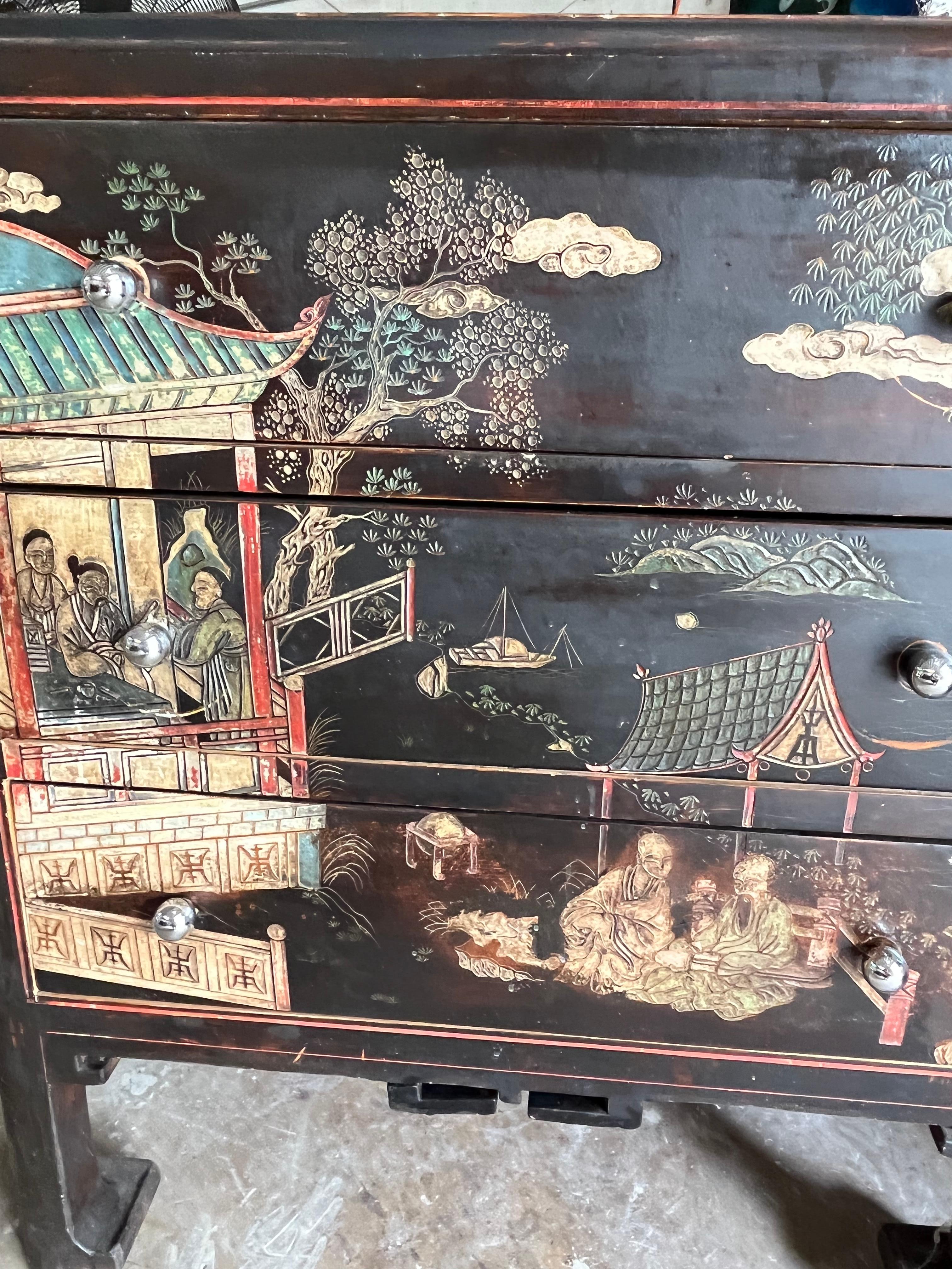 Chinese Export Chinese Chest of Drawers Lacqua Decorated Animated Llandscape and Characters