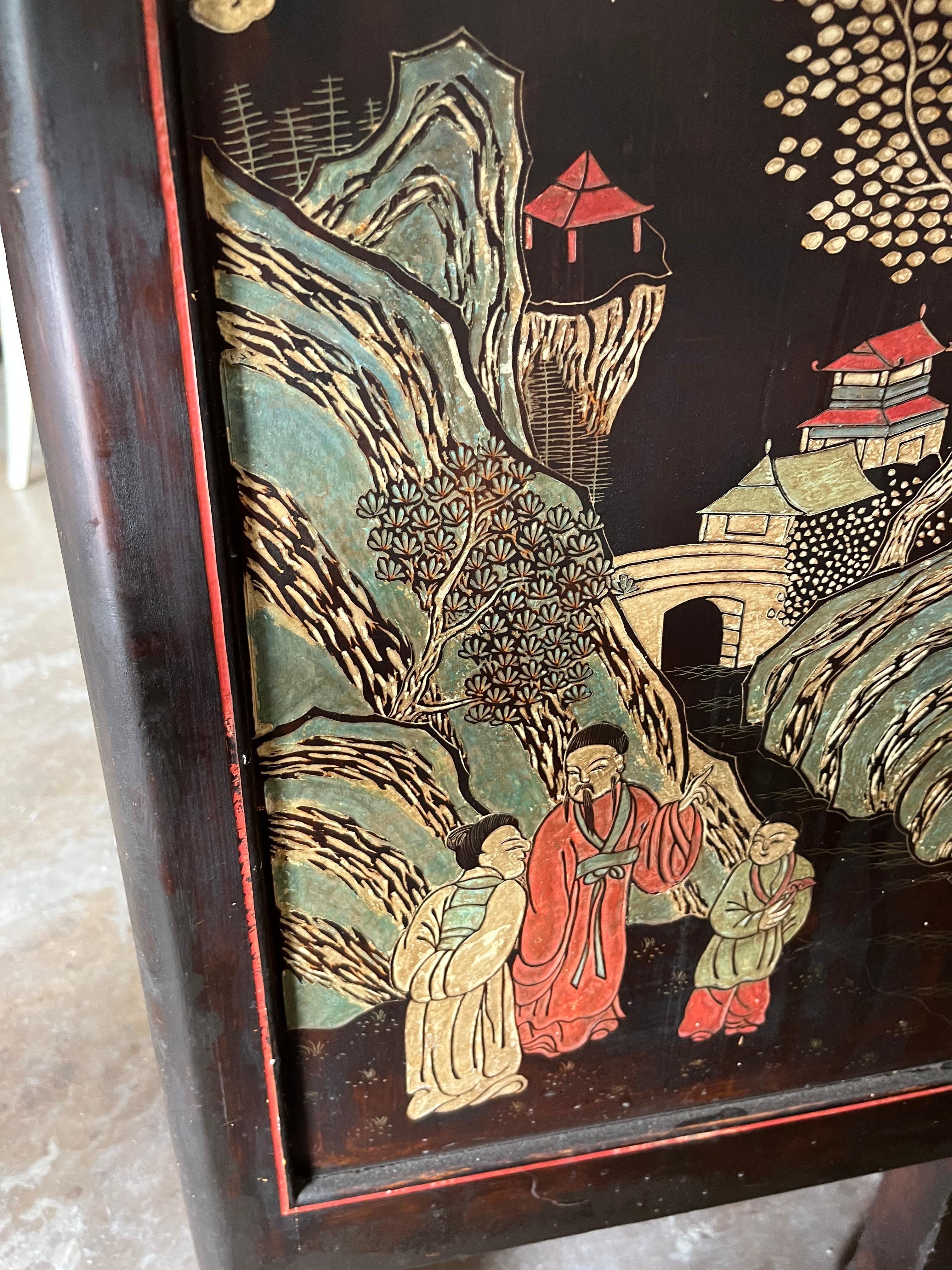 Blackened Chinese Chest of Drawers Lacqua Decorated Animated Llandscape and Characters